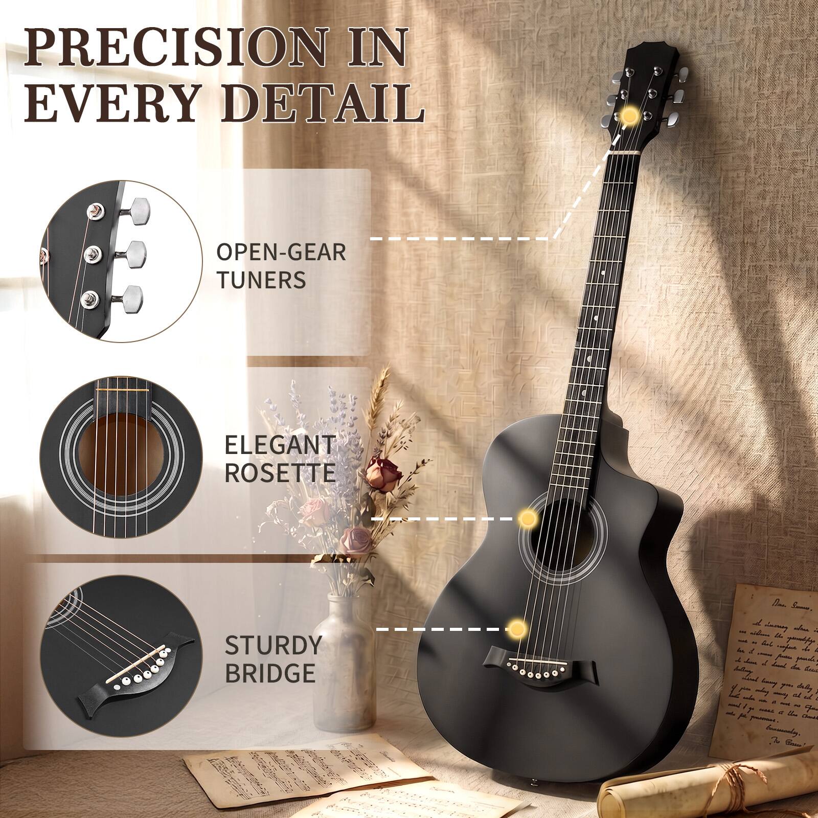 PRECISION IN EVERY DETAIL

OPEN-GEAR TUNERS

ELEGANT ROSETTE

STURDY BRIDGE