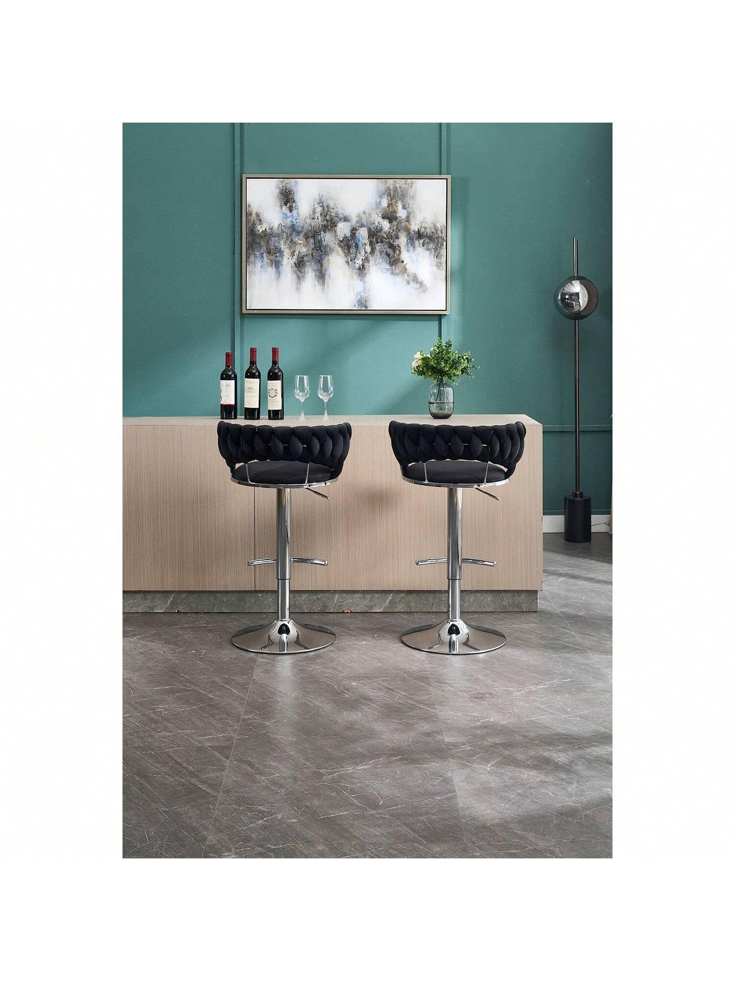 Alt View 1. Trinkets Crazed - Velvet Bar Stools Set Of 2, Modern Swivel Barstools With Woven Backrest, Adjustable Counter Stools - Black.