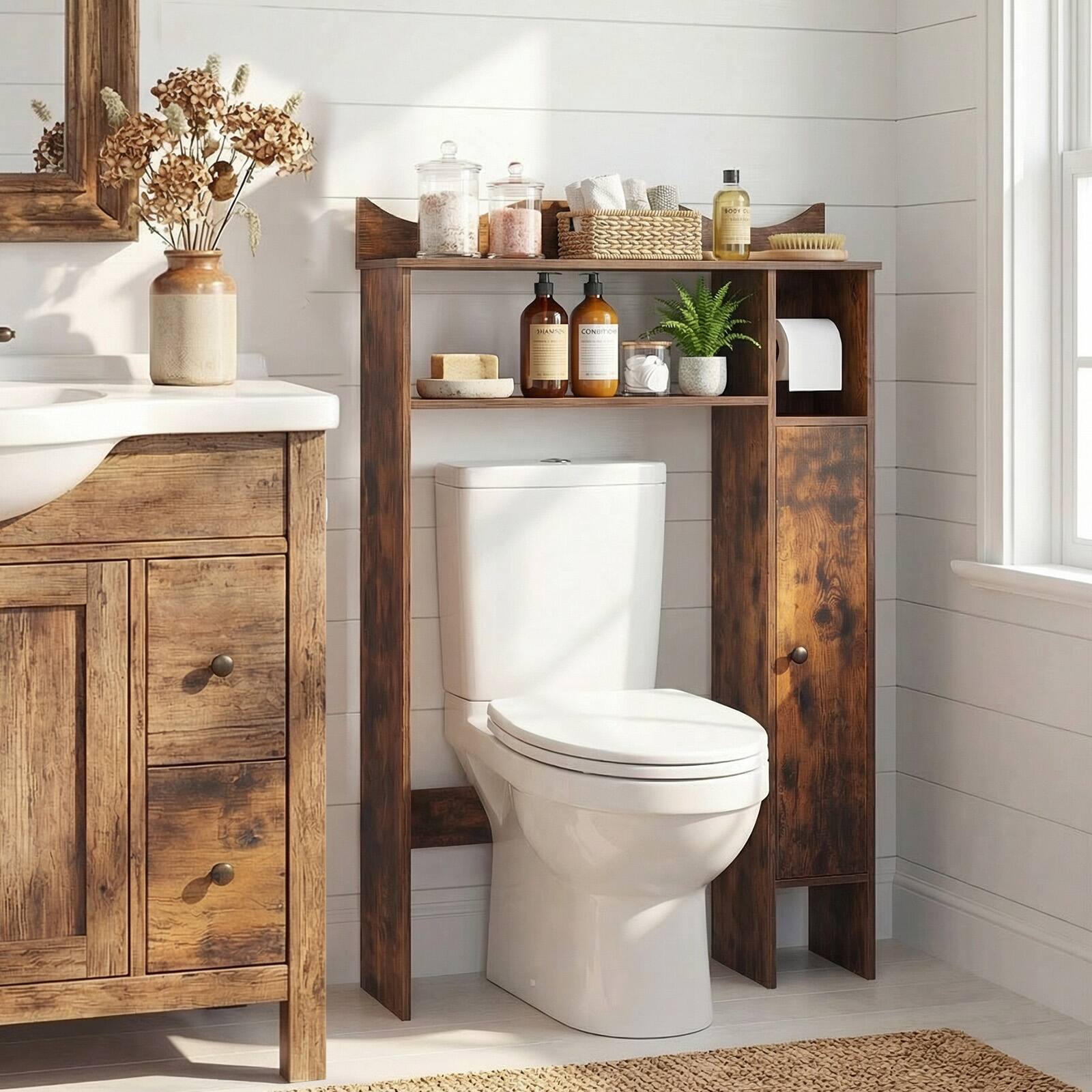 Alt View 1. Costway - Costway Over The Toilet Storage Cabinet with Toilet Paper Holder and Removable Shelves - Rustic Brown.