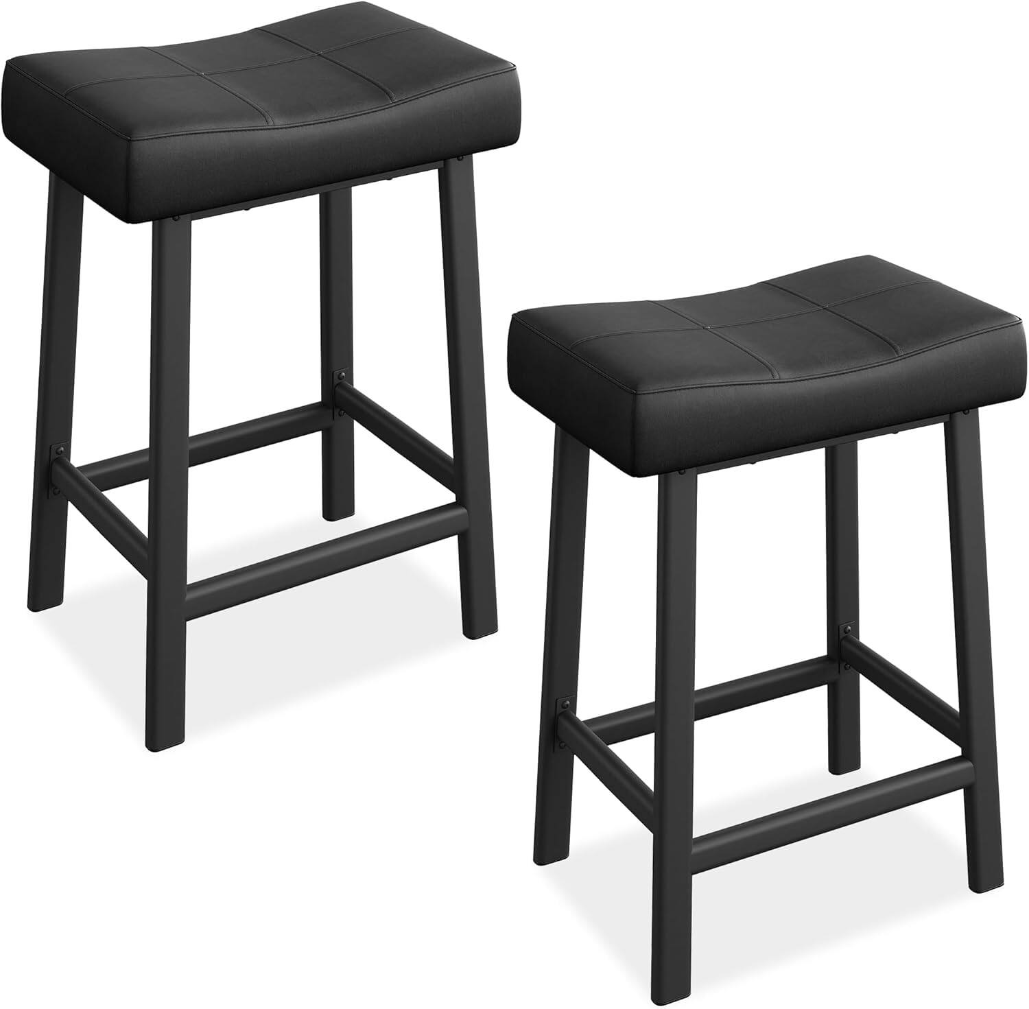 Left. Homhougo - Set of 2 Ergonomic 24" Bar Stools – Curved PU Leather Seat, Metal Frame, Footrest, 240 lbs Capacity - Black.