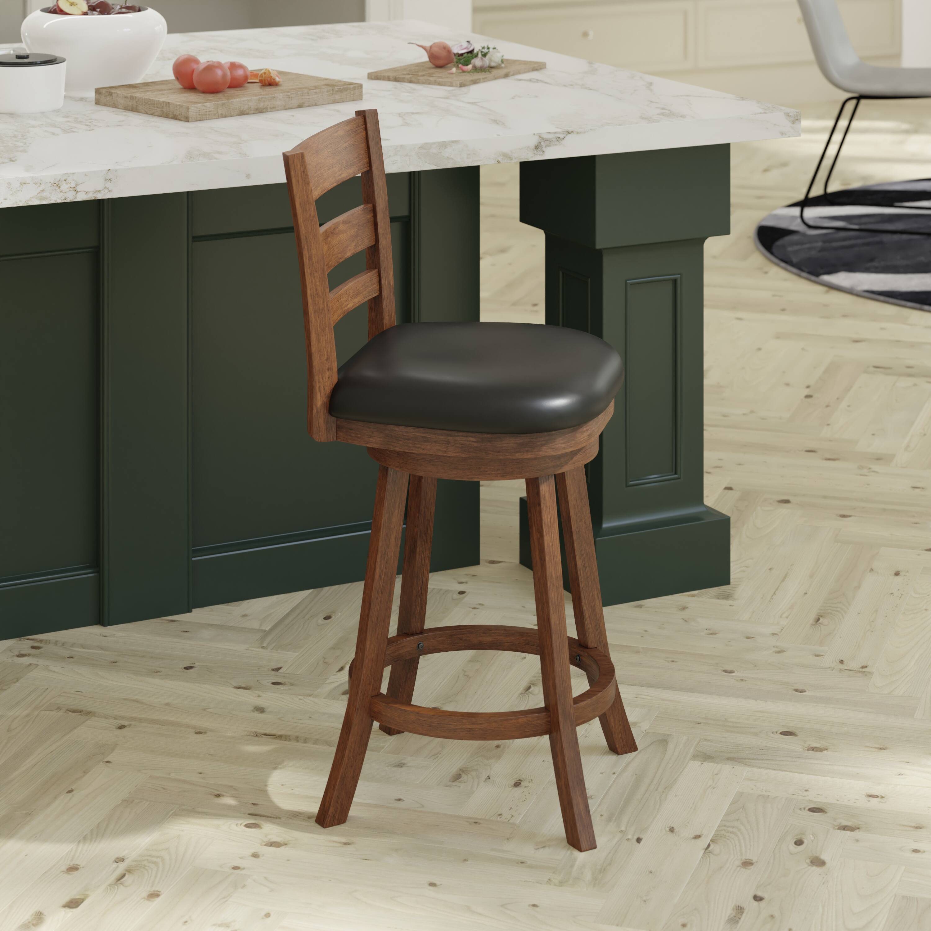 Alt View 3. Emma + Oliver - Avi Classic Wooden Ladderback Dining Stool with Padded Swivel Seat - Black Vinyl/Antique Oak Frame.