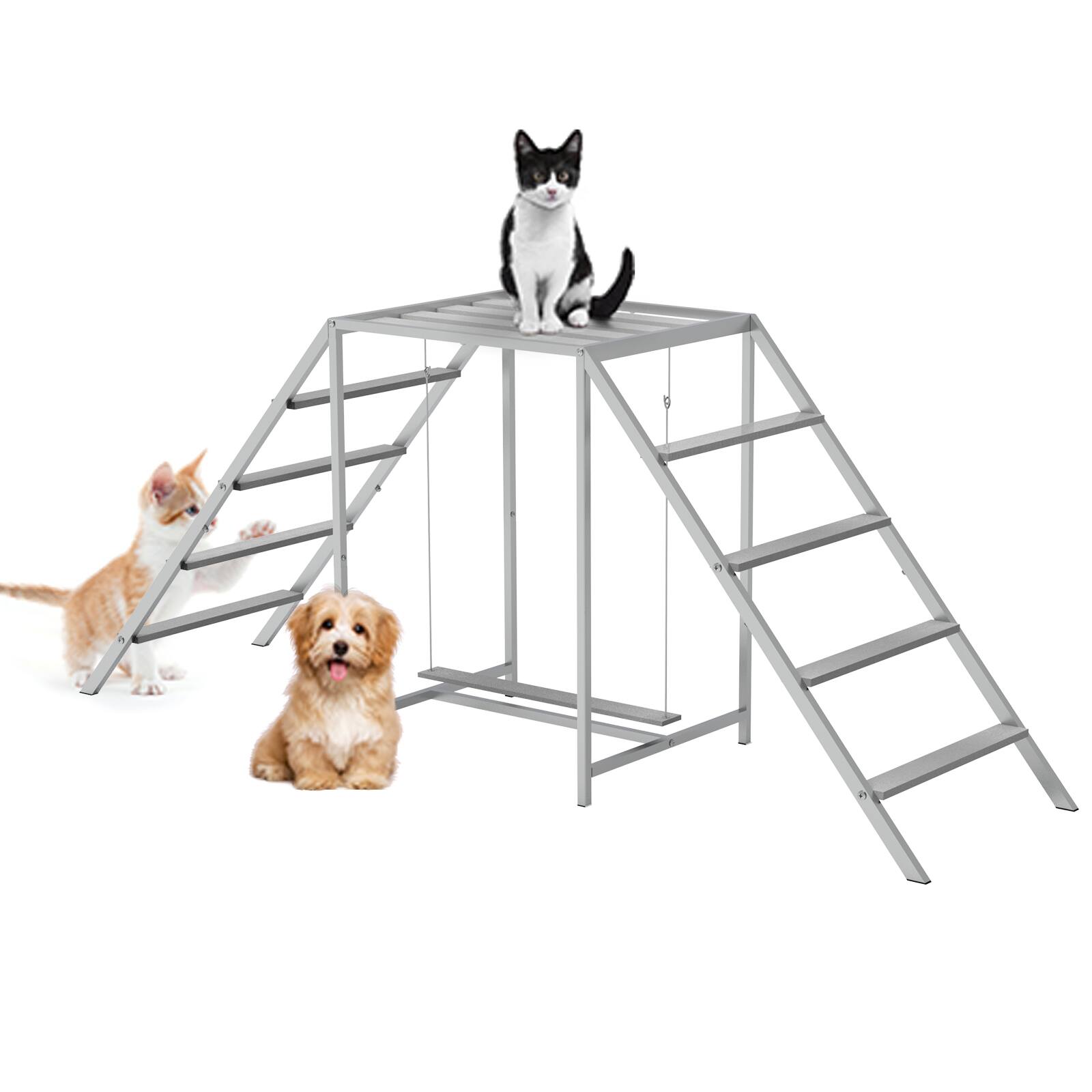 Alt View 1. Oumilen - Metal Chicken Perch Play Stand with Double Ladder & Swing Platform, Gray - Gray.