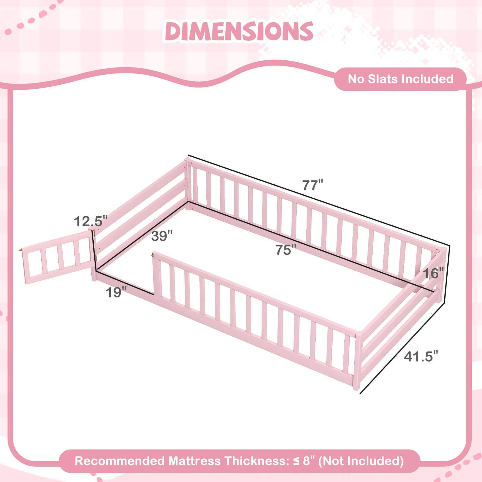 DIMENSIONS  
No Slats Included  

77"  
12.5"  
19"  
39"  
75"  
16"  
41.5"  

Recommended Mattress Thickness: 5" (Not Included)