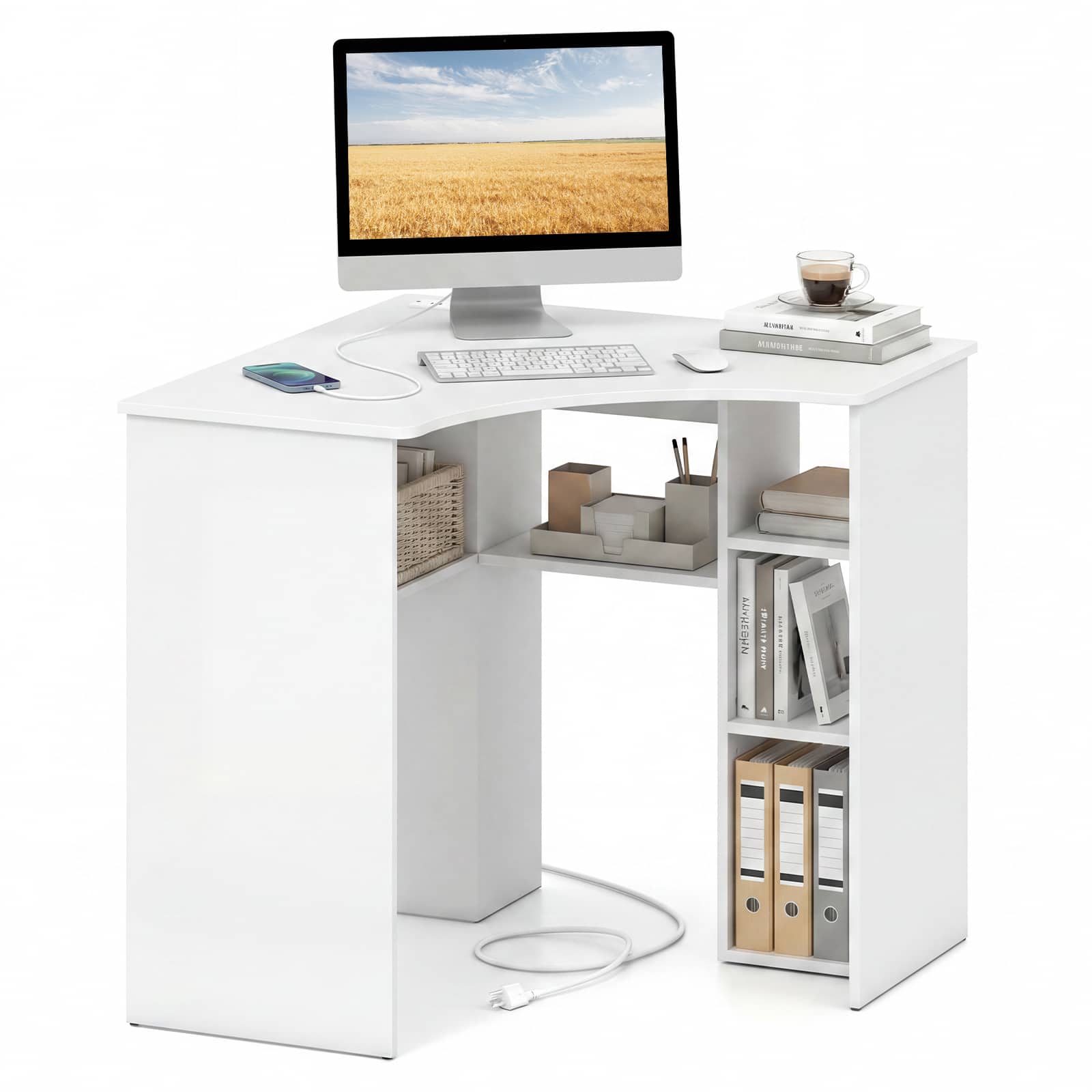 Costway - L-Shaped Computer Desk with Storage Shelves Adjustable Shelf for Home Office - White