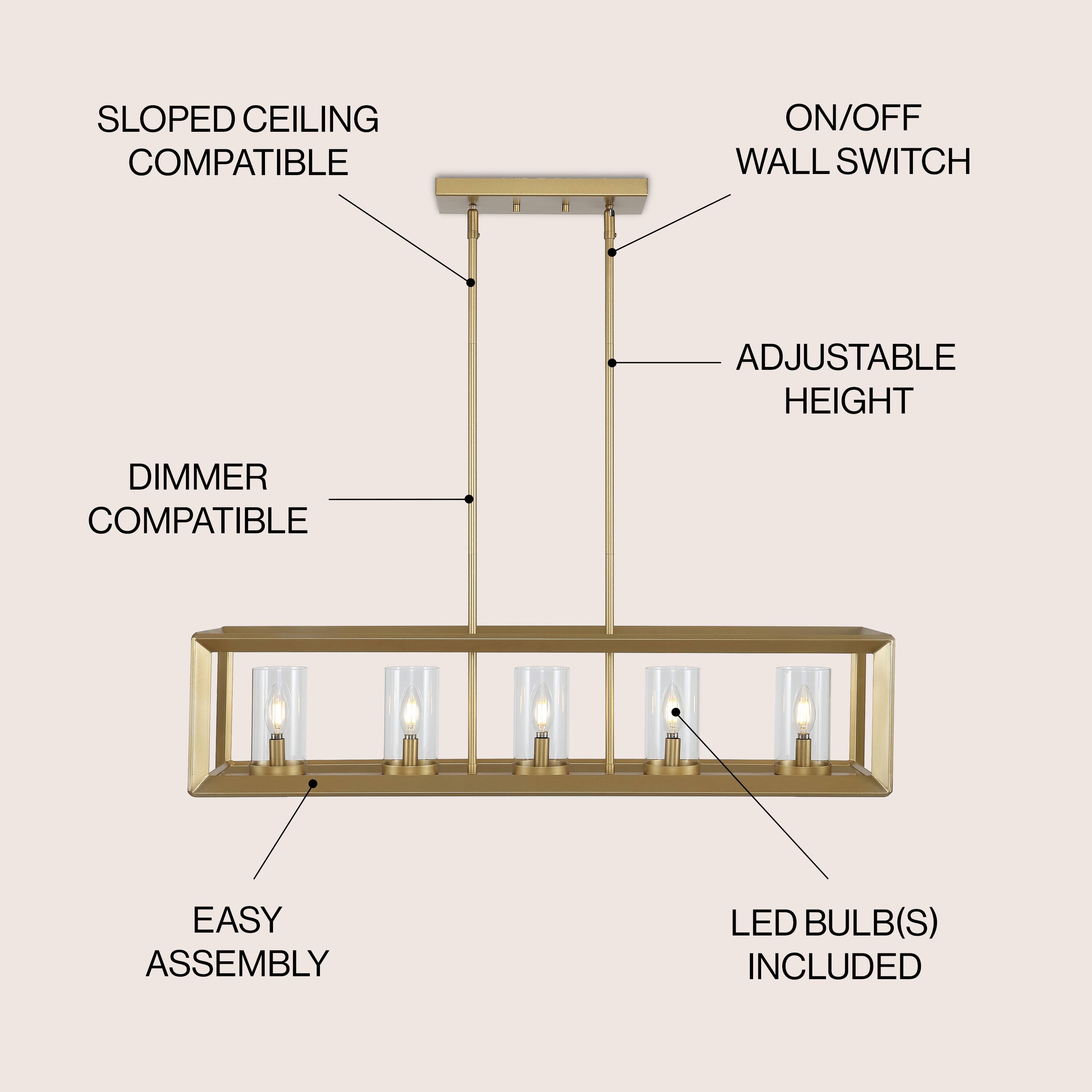 SLOPED CEILING COMPATIBLE  
ON/OFF WALL SWITCH  
ADJUSTABLE HEIGHT  
DIMMER COMPATIBLE  
EASY ASSEMBLY  
LED BULB(S) INCLUDED