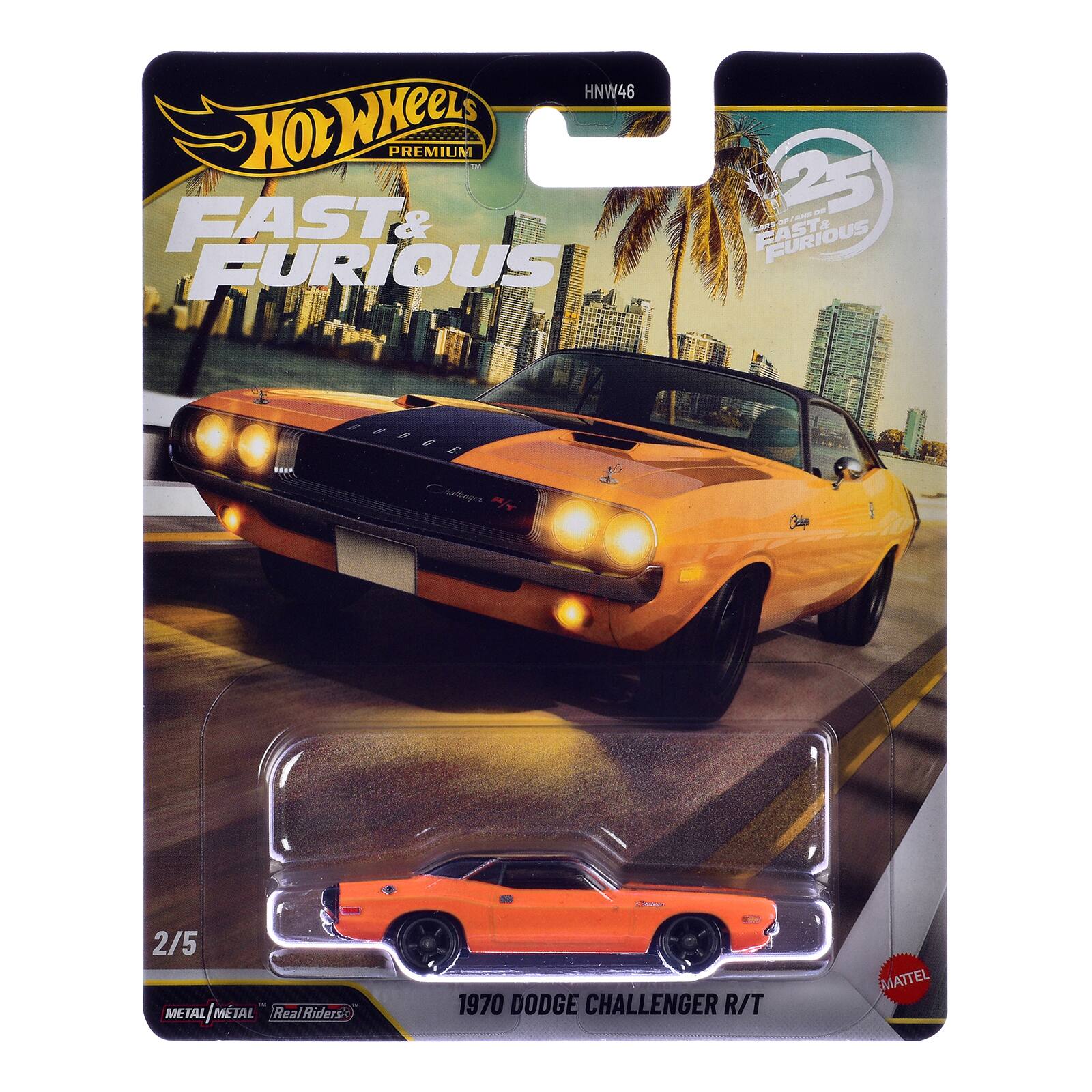 Hot Wheels Premium - Fast & Furious 25  
HNW46  
2/5  
1970 Dodge Challenger R/T  
Metal/Metal  
Real Riders  
Mattel