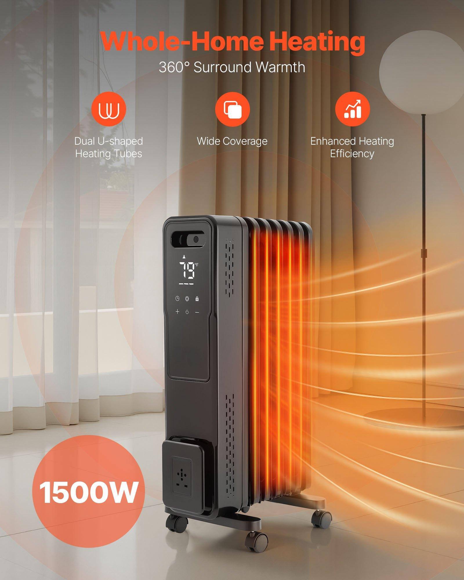Whole-Home Heating  
360° Surround Warmth  

- Dual U-shaped Heating Tubes  
- Wide Coverage  
- Enhanced Heating Efficiency  

1500W