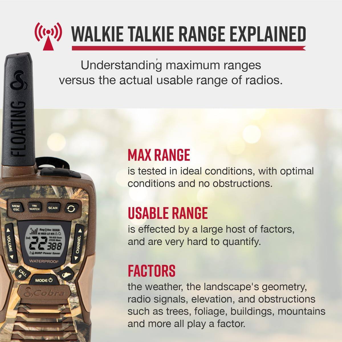 WALKIE TALKIE RANGE EXPLAINED

Understanding maximum ranges versus the actual usable range of radios.

MAX RANGE is tested in ideal conditions, with optimal conditions and no obstructions.

USABLE RANGE is effected by a large host of factors, and are very hard to quantify.

FACTORS the weather, the landscape's geometry, radio signals, elevation, and obstructions such as trees, foliage, buildings, mountains and more all play a factor.