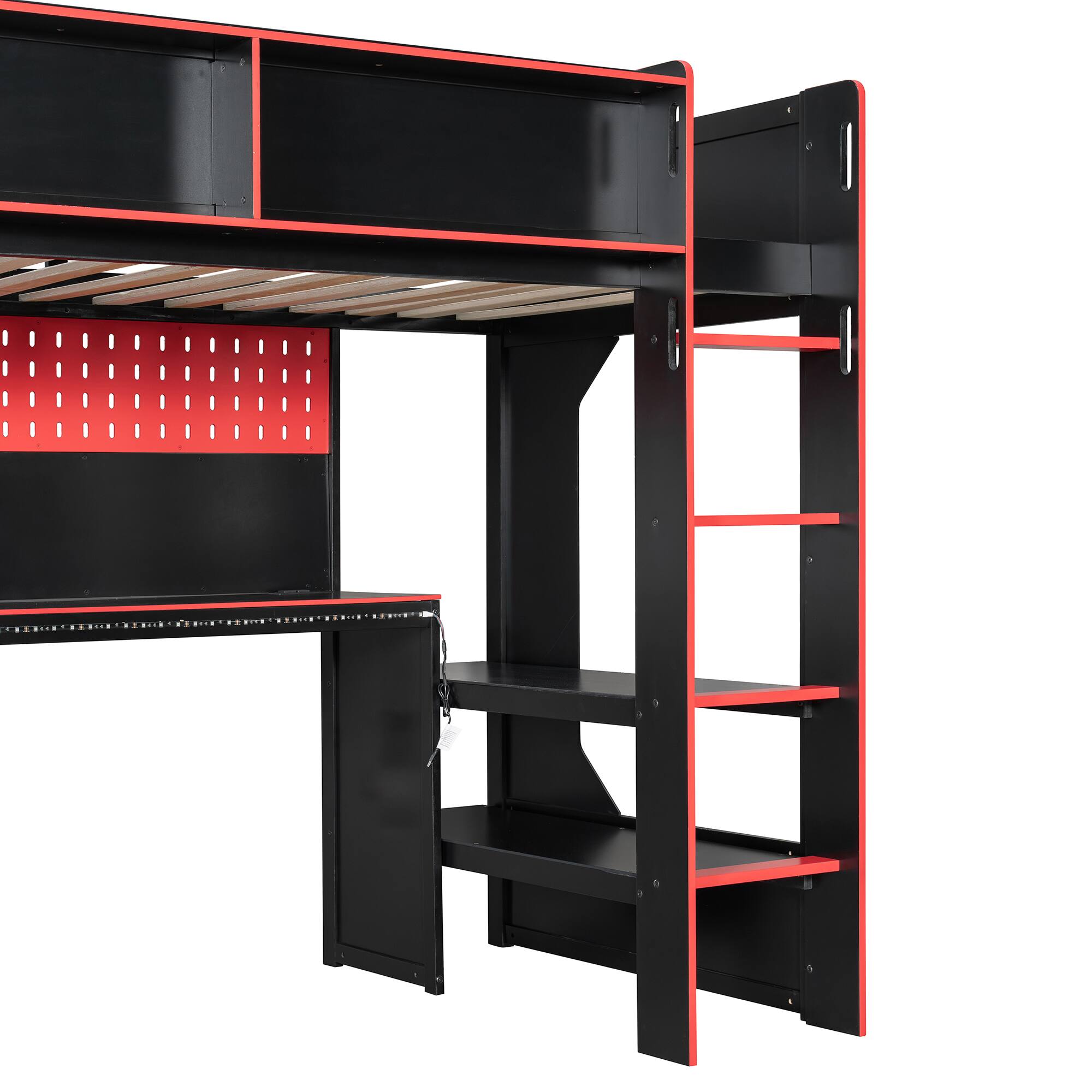 Alt View 6. Whisen - Gaming Loft Bed with Desk, RGB LED Lights, Charging Station & Storage, Sturdy Wood Frame - Black|Red.