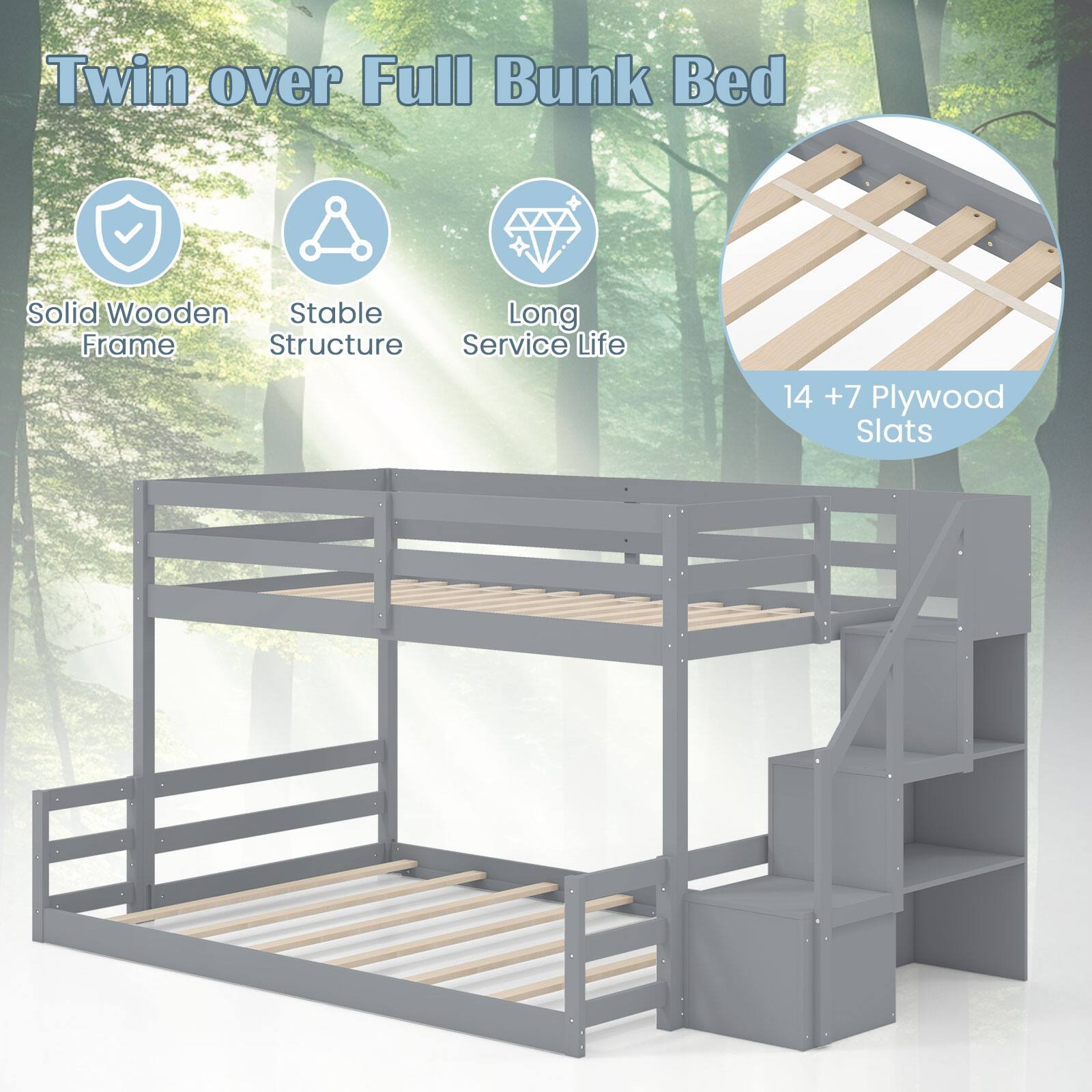 Twin over Full Bunk Bed

- Solid Wooden Frame
- Stable Structure
- Long Service Life
- 14 + 7 Plywood Slats