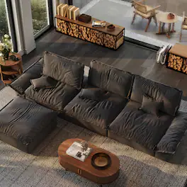 POVISON - 141.73" Sailboat Deep Sofa Stain Resistant Cozy Couch with Ottoman - Gray Suede Fabric
