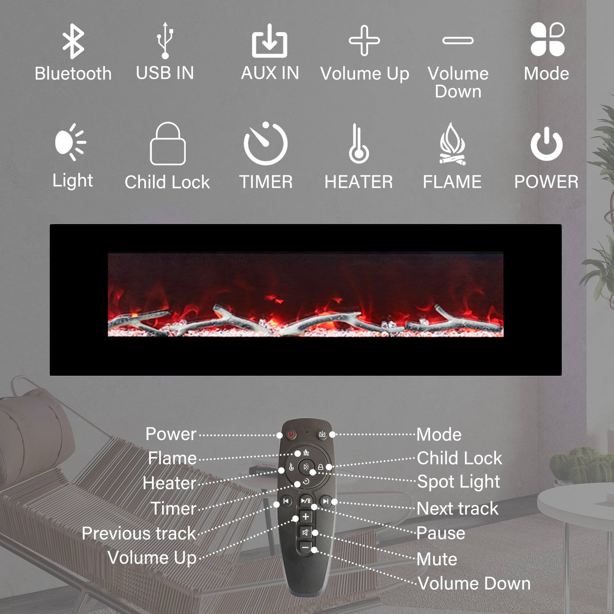 Bluetooth, USB IN, AUX IN, Volume Up, Volume Down, Mode, Light, Child Lock, TIMER, HEATER, FLAME, POWER, Power, Flame, Heater, Timer, Previous track, Volume Up, Mode, Child Lock, Spot Light, Next track, Pause, Mute, Volume Down