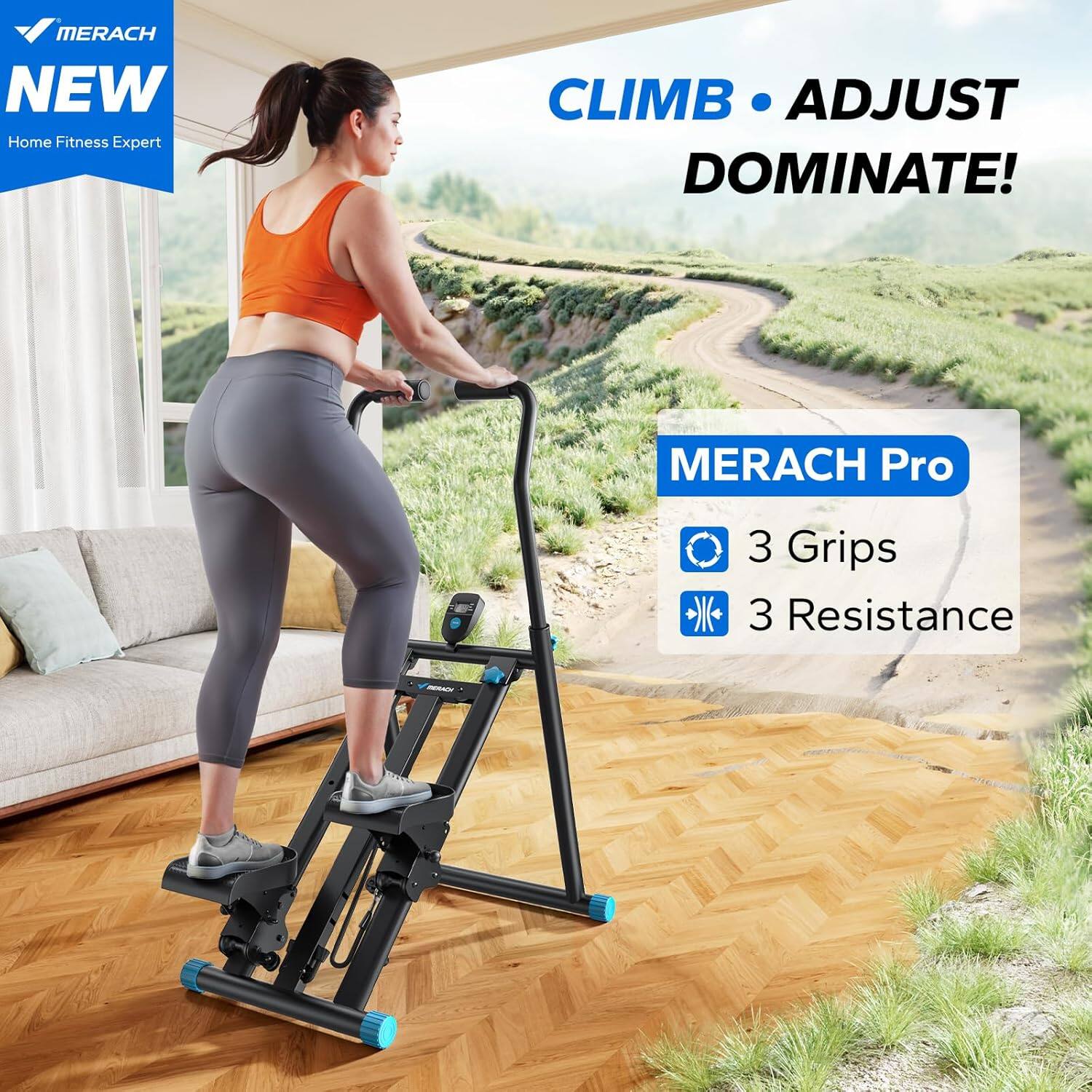 MERACH  
NEW  
Home Fitness Expert  

CLIMB • ADJUST  
DOMINATE!  

MERACH Pro  
3 Grips  
3 Resistance