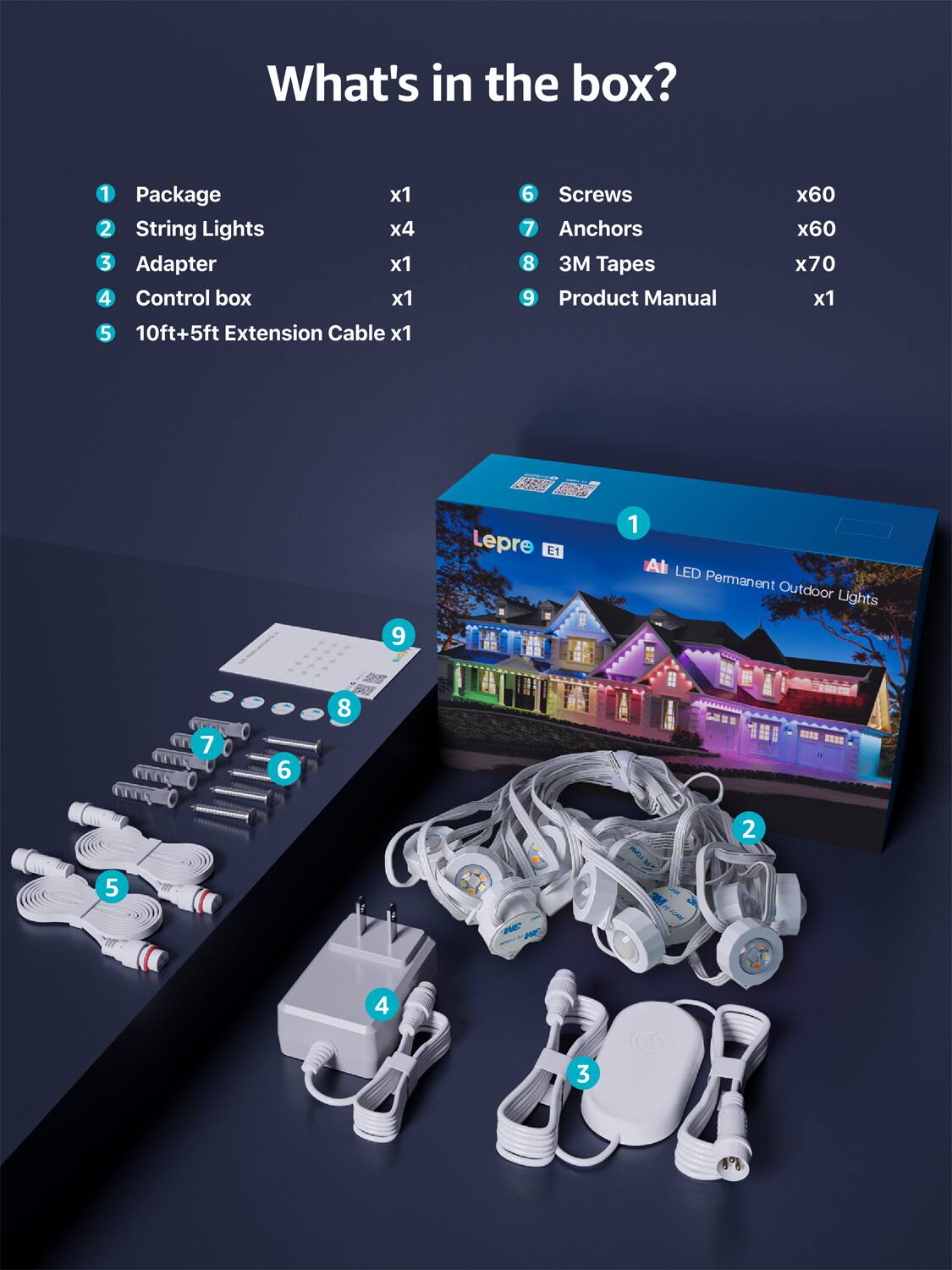 What's in the box?

1. Package - x1
2. String Lights - x4
3. Adapter - x1
4. Control box - x1
5. 10ft+5ft Extension Cable - x1
6. Screws - x60
7. Anchors - x60
8. 3M Tapes - x70
9. Product Manual - x1