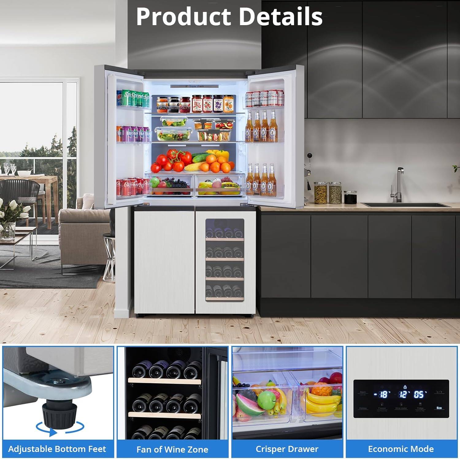 Product Details

- Adjustable Bottom Feet
- Fan of Wine Zone
- Crisper Drawer
- Economic Mode