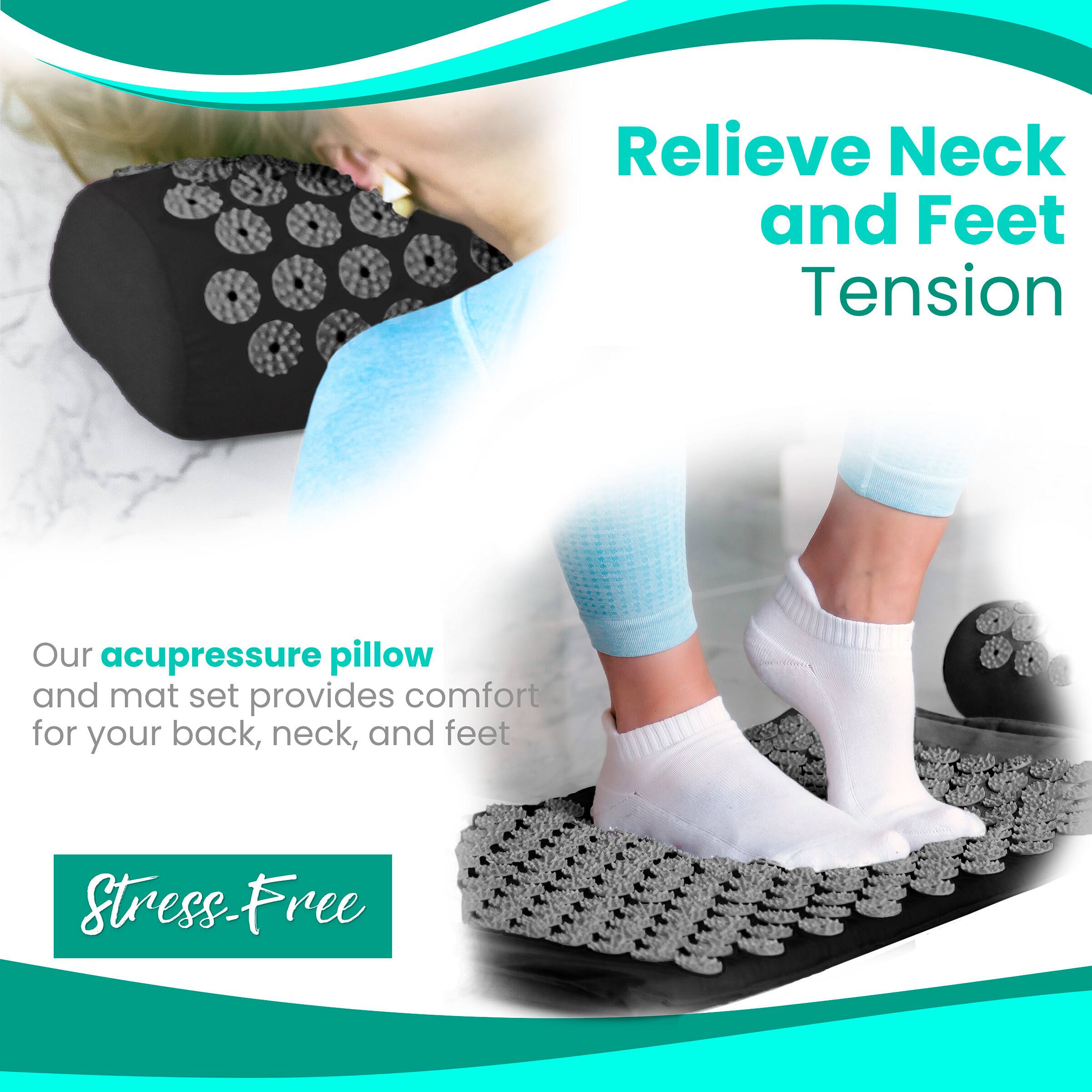 Relieve Neck and Feet Tension

Our acupressure pillow and mat set provides comfort for your back, neck, and feet

Stress-Free