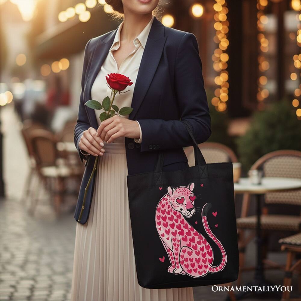 Left. OrnamentallyYou - Pink Leopard Valentine Canvas Tote Bag, Cute Hearts Reusable Urban Bag - Black.