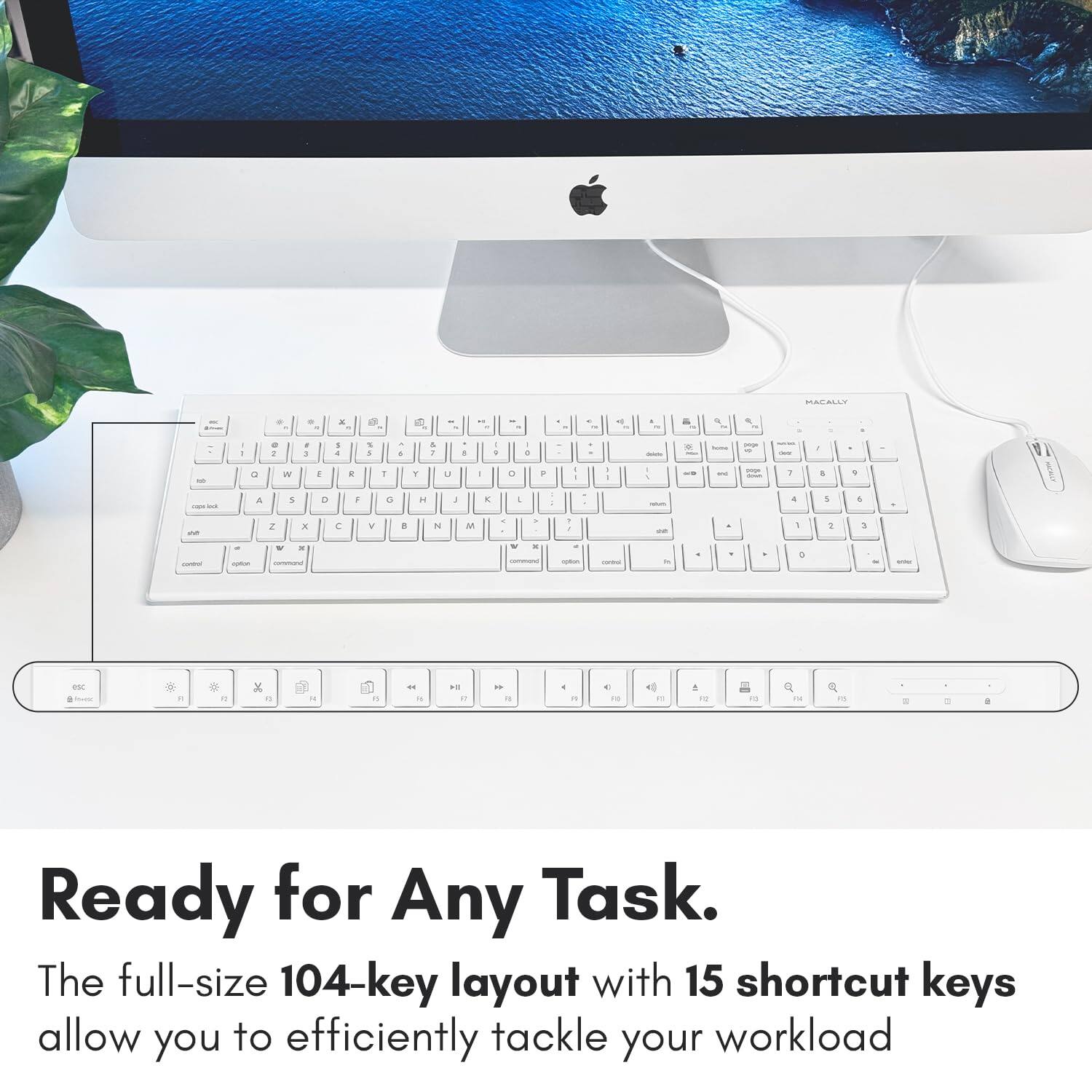 Ready for Any Task.  
The full-size 104-key layout with 15 shortcut keys allow you to efficiently tackle your workload.