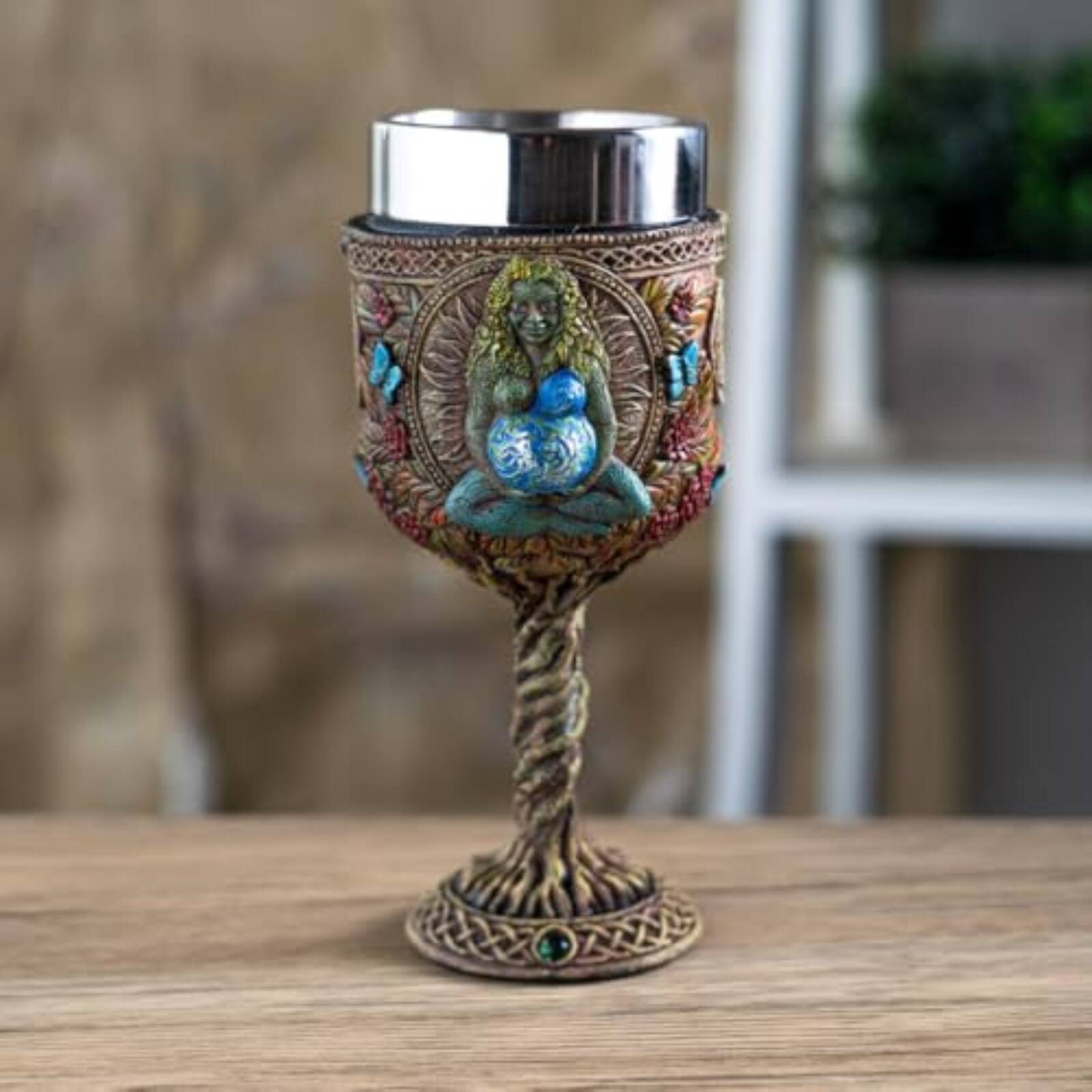 Back. Pacific Trading - Forest Gaia Wine Goblet Chalice Cup Resin Body Stainless Steel Cup 7 ounce - Multicolor.