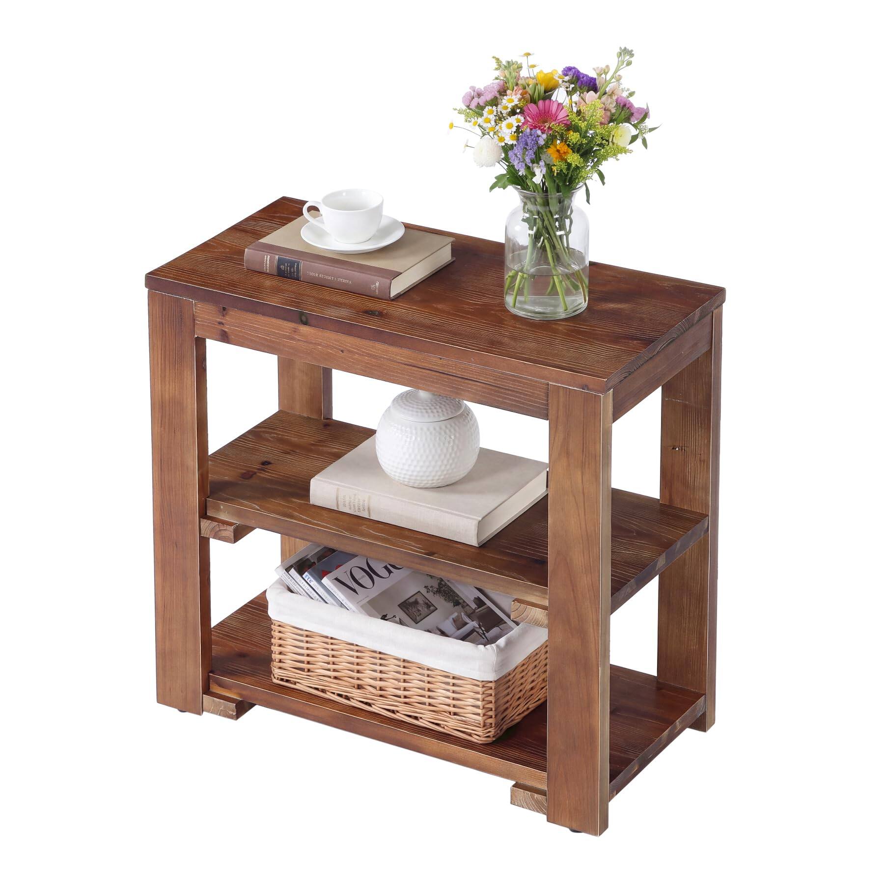 Alt View 3. Tribesigns - Solid Wood Side Table, 3-Tier End Table with Storage, Rectangle Farmhouse Night Stand for Small Spaces, Living Room, Bed - Brown.