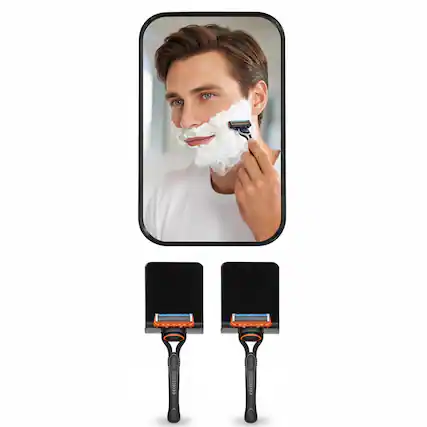 Front. Dazzed Corner - Anti-Fog Shower Mirror 4.1×6.5", Swivel, 2 Razor Holders - Black.