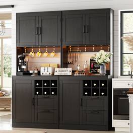 Aheaplus - 72'' Tall Pantry Cabinet with 2 Drawers & Grid Wine Rack, Storage Cabinet with Power Outlets & LED Lights, 2 Piece Set - Black