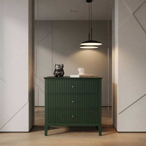 Angle. LUCKY ONE - 32" Assembled Wide Fluted Nightstand 3-Drawer Gold Knobs - Green.