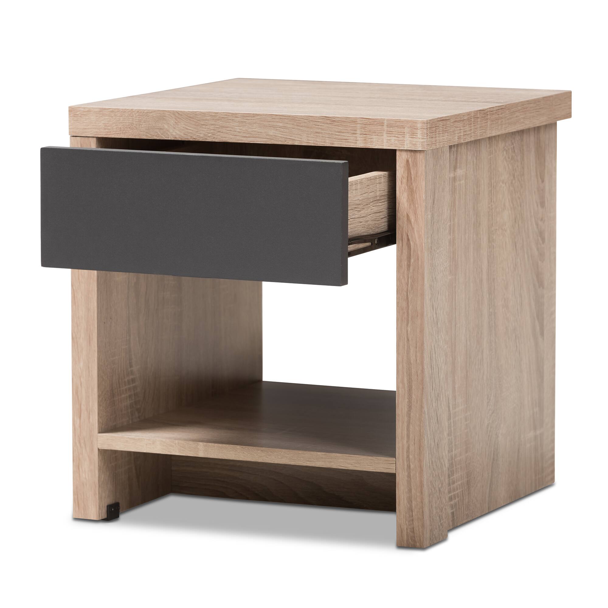 Angle. Baxton Studio - Jamie Modern and Contemporary Two-Tone Wood 1-Drawer 1-Shelf Nightstand - Light Brown/Gray.