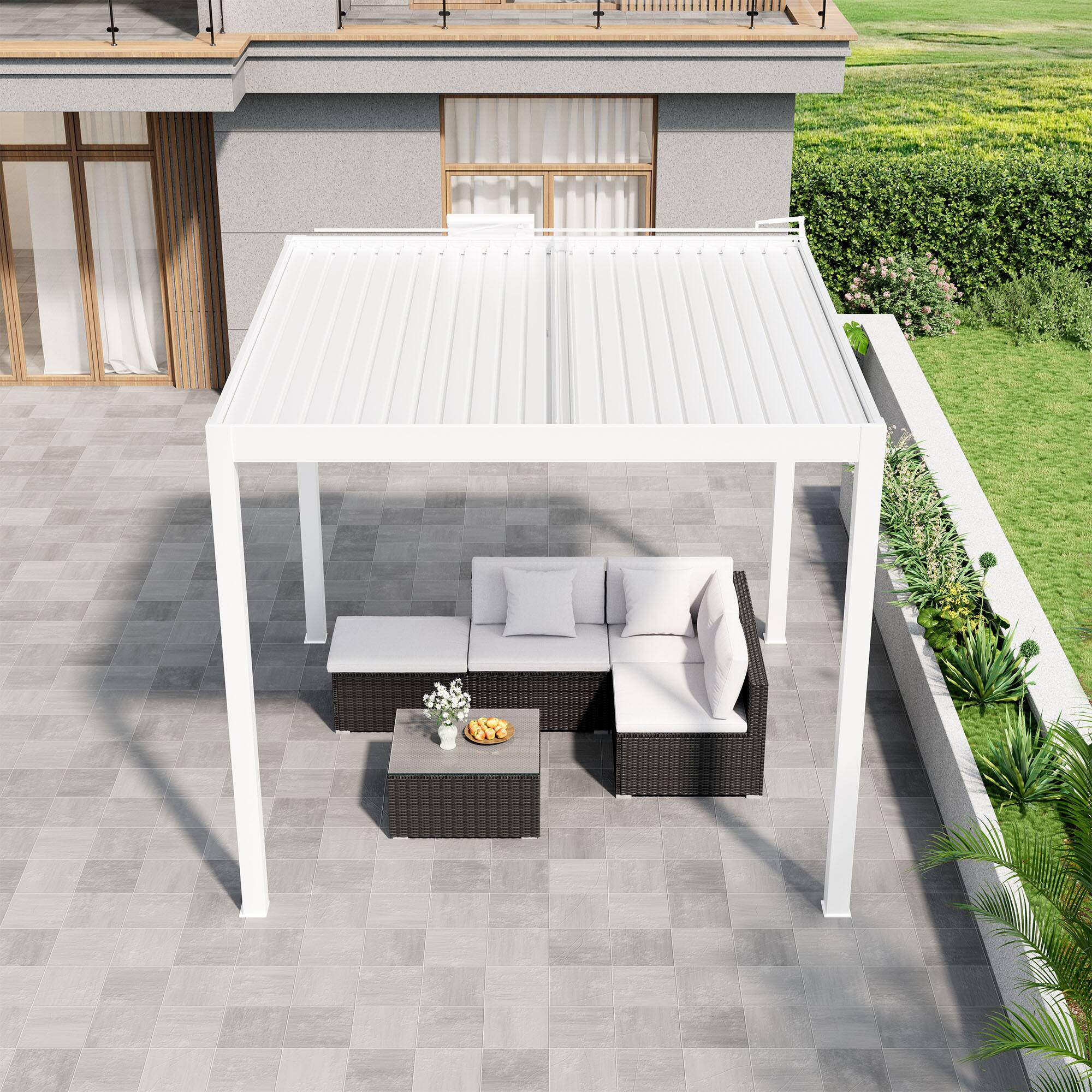 Left. Mondawe - 10ft x 10ft Solar-Powered Aluminum Pergola with Adjustable Louvers and Hidden Drainage System - White.