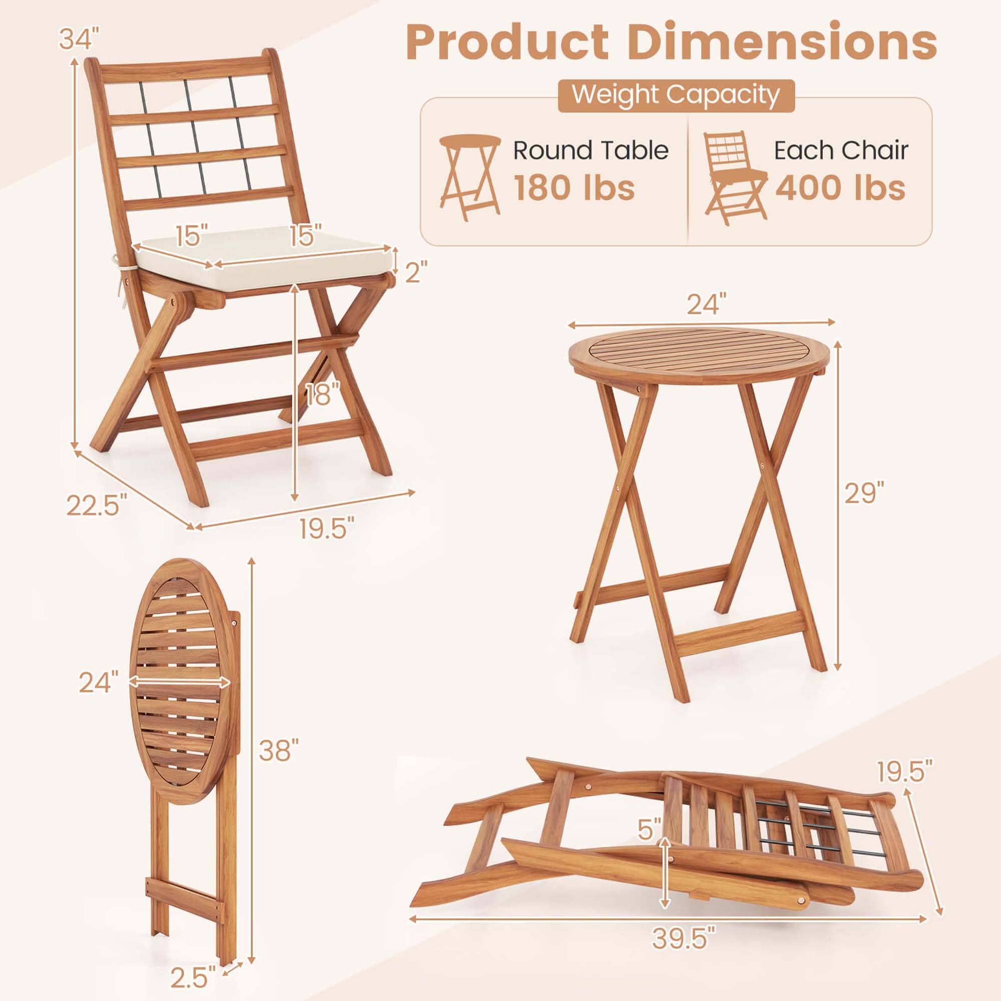 Product Dimensions Weight Capacity 15" 15" 2" Round Table 180 lbs 24" Each Chair 400 lbs 18" 22.5" 19.5" 29" 24" 38" 19.5" 5" 2.5" 39.5"