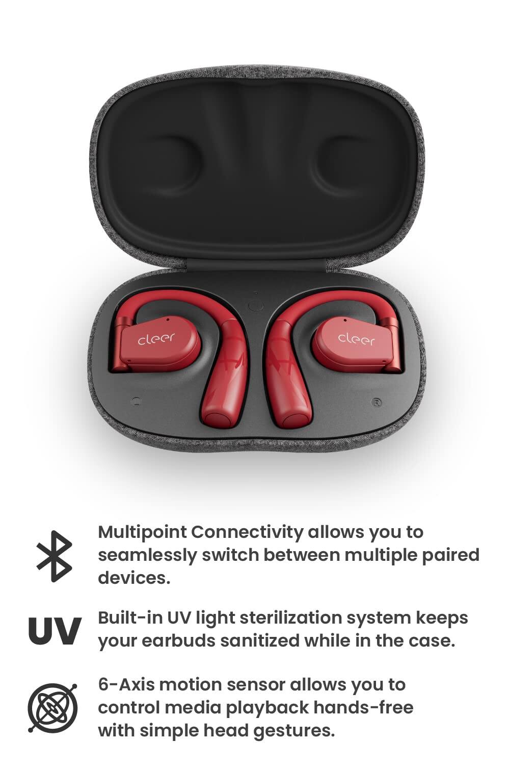 Multipoint Connectivity allows you to seamlessly switch between multiple paired devices. Built-in UV light sterilization system keeps your earbuds sanitized while in the case. 6-Axis motion sensor allows you to control media playback hands-free with simple head gestures.