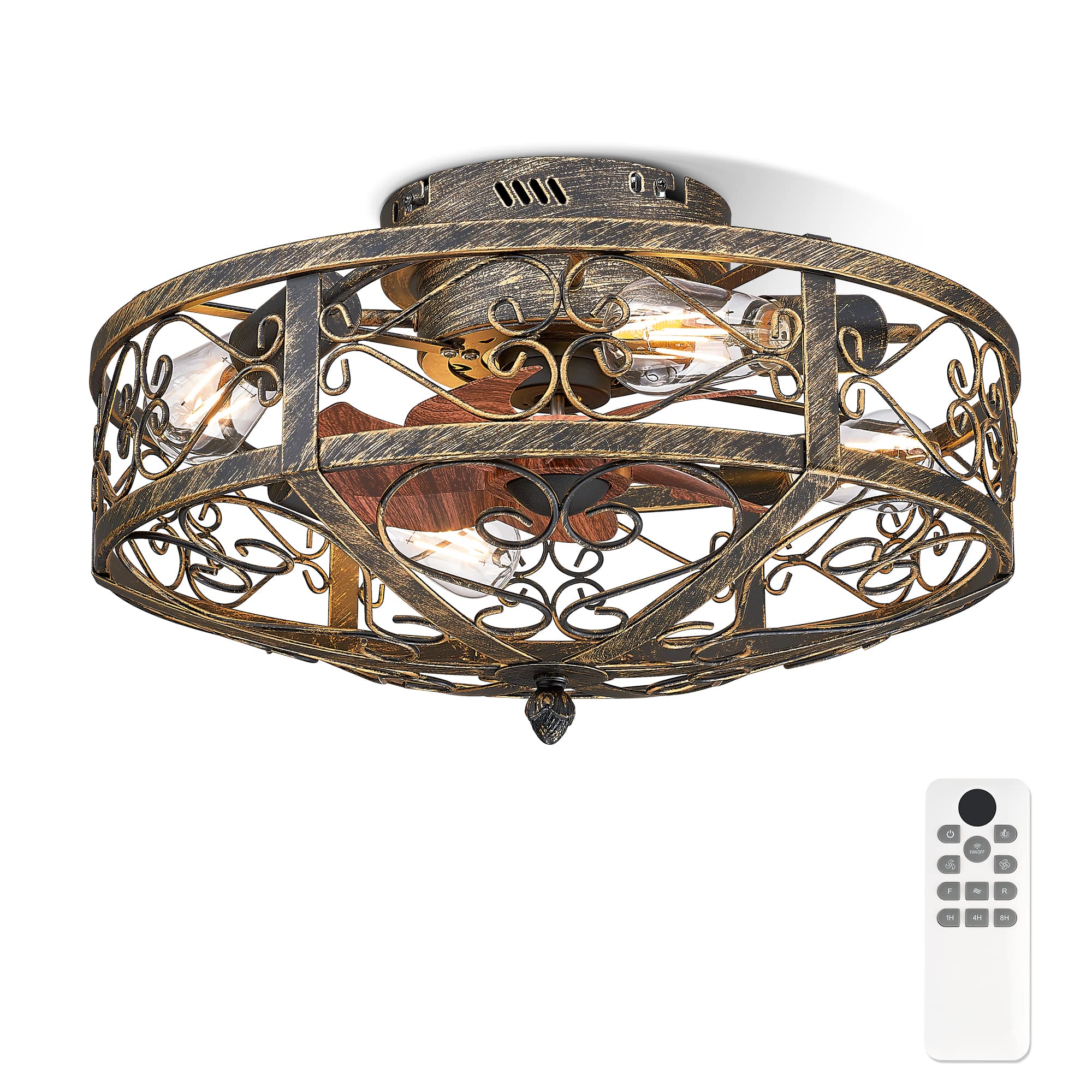 JAZAVA - 20 in. Indoor Black and Gold 100-240 V Low Profile vintage Cage Ceiling Fan with Light - Black/Gold