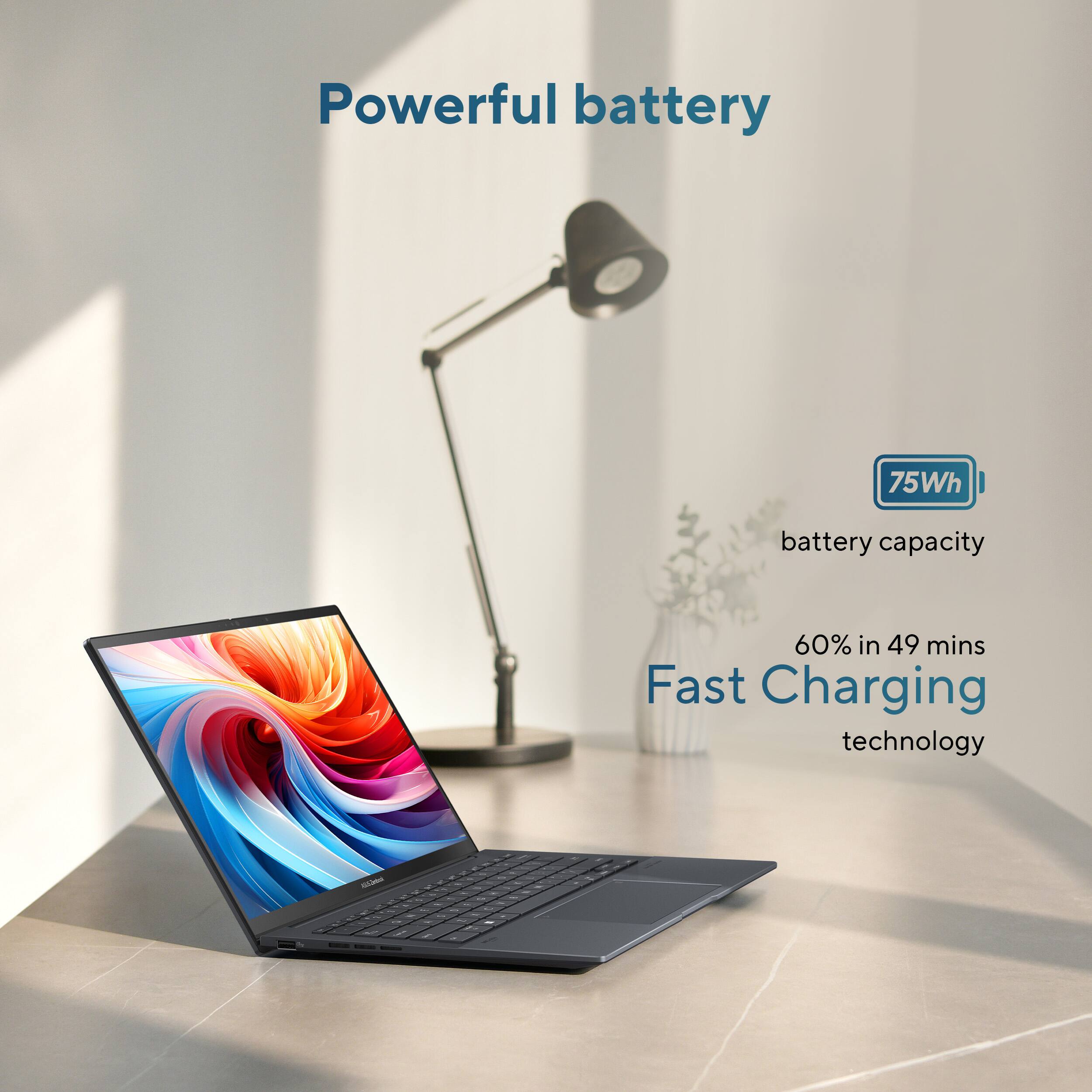 Powerful battery  
75Wh battery capacity  
60% in 49 mins  
Fast Charging technology