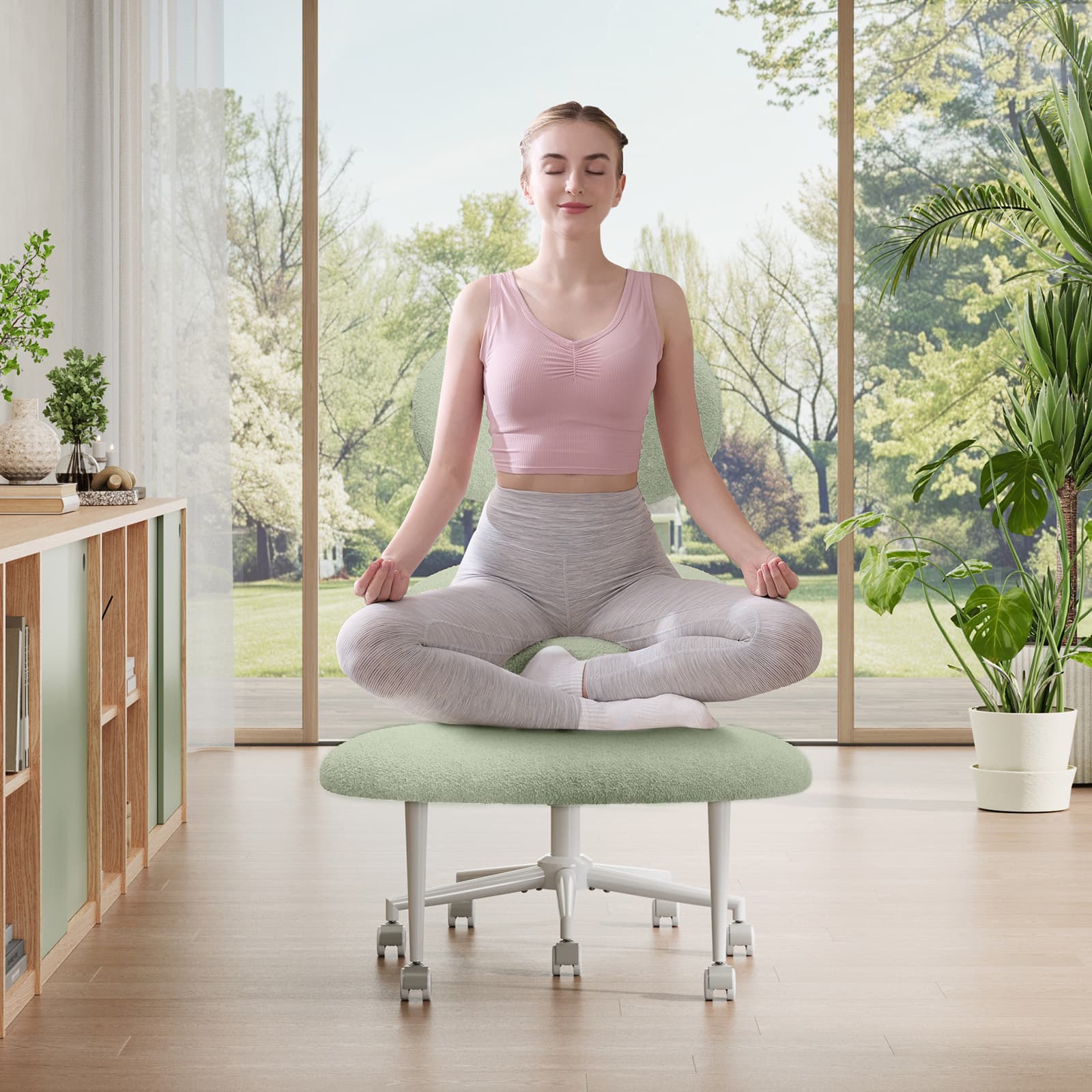 Pinmoco - Upholstered Office Chair Adjustable Height Ergonomic Office Chair with Lumbar Support and Wheels - Teddy Green