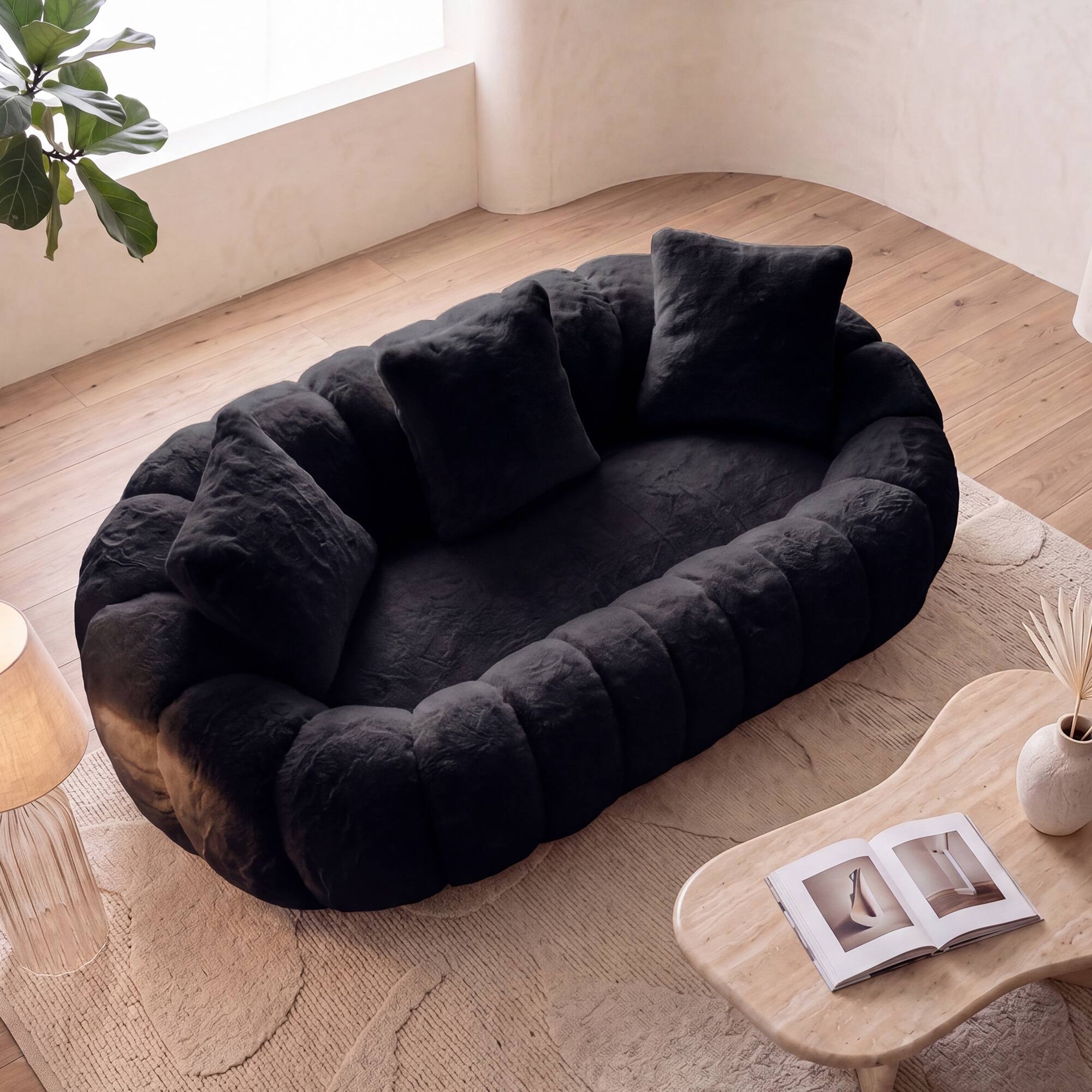Angle. Anysun - Floral-Shaped Sofa – Ultra-Soft Faux Fur Sofa, Large Living Room Two-Seater Sofa, Two-Person Style - Black.