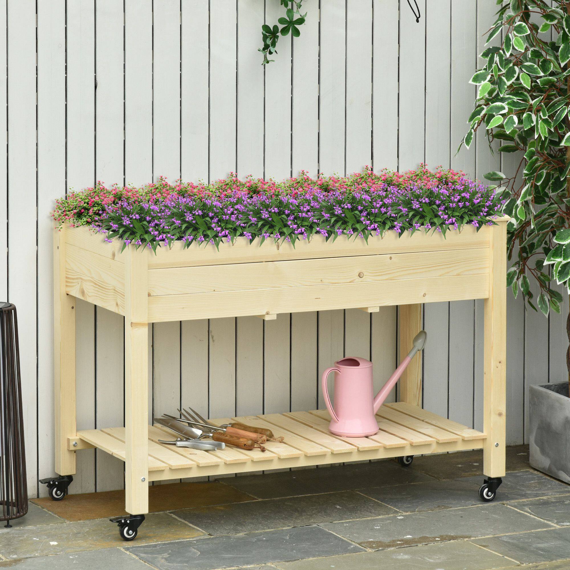 Alt View 1. Outsunny - Garden Bed, 47" x 22" x 33", Elevated Wooden Planter Box w/ Lockable Wheels, Storage Shelf, and Bed Liner for Backyard - Natural.