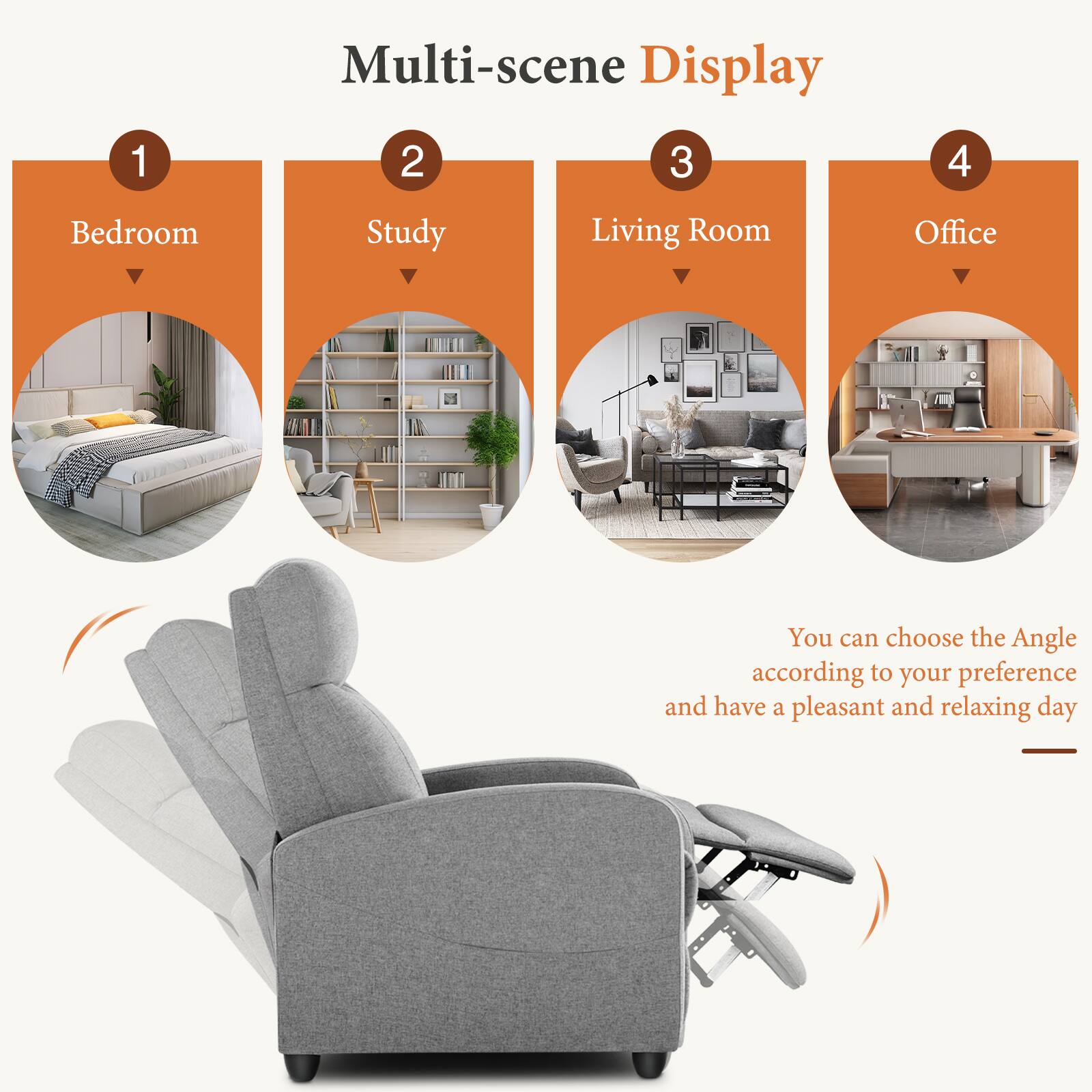 Multi-scene Display

1. Bedroom
2. Study
3. Living Room
4. Office

You can choose the Angle according to your preference and have a pleasant and relaxing day