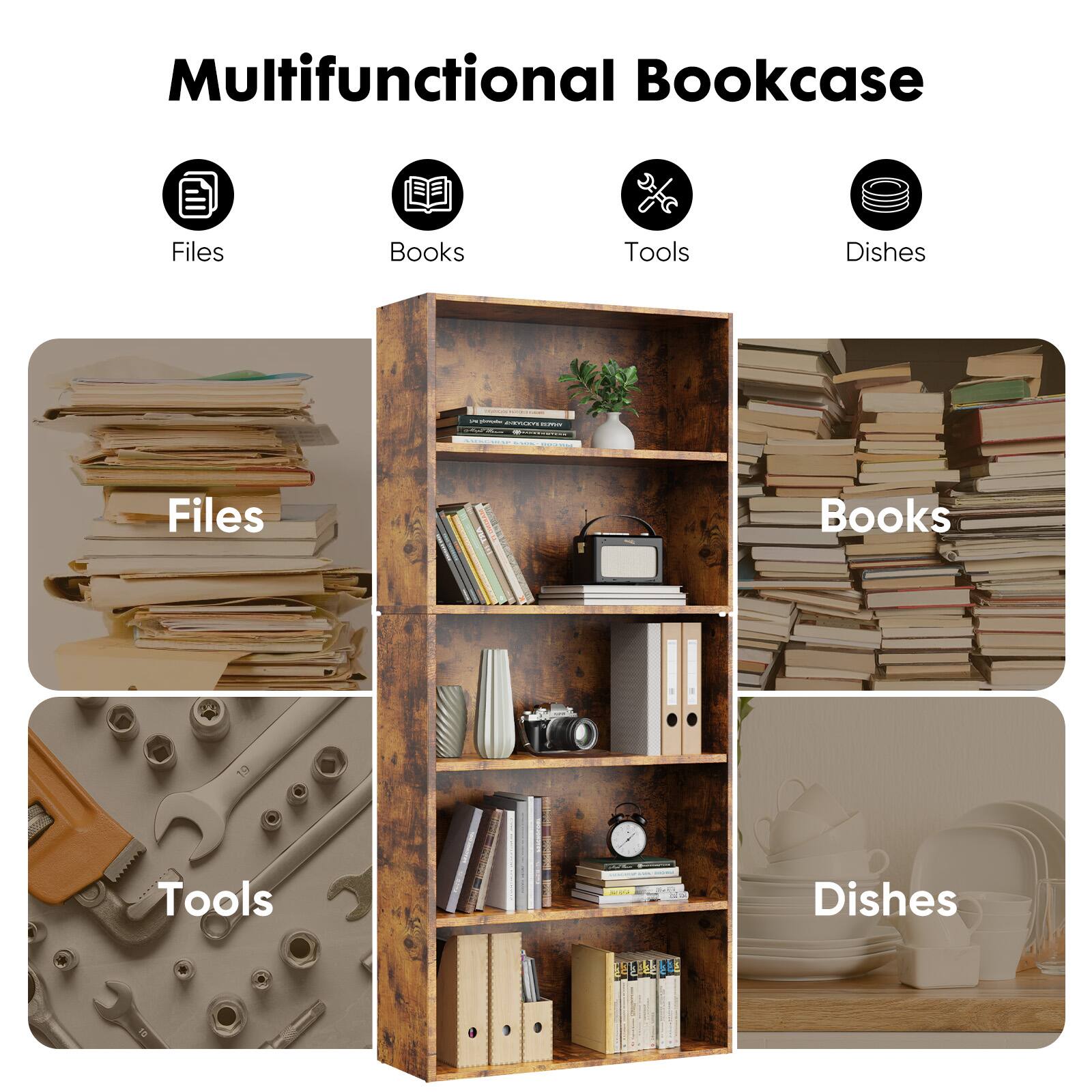 Multifunctional Bookcase

- Files
- Books
- Tools
- Dishes

Files

Books

Tools

Dishes