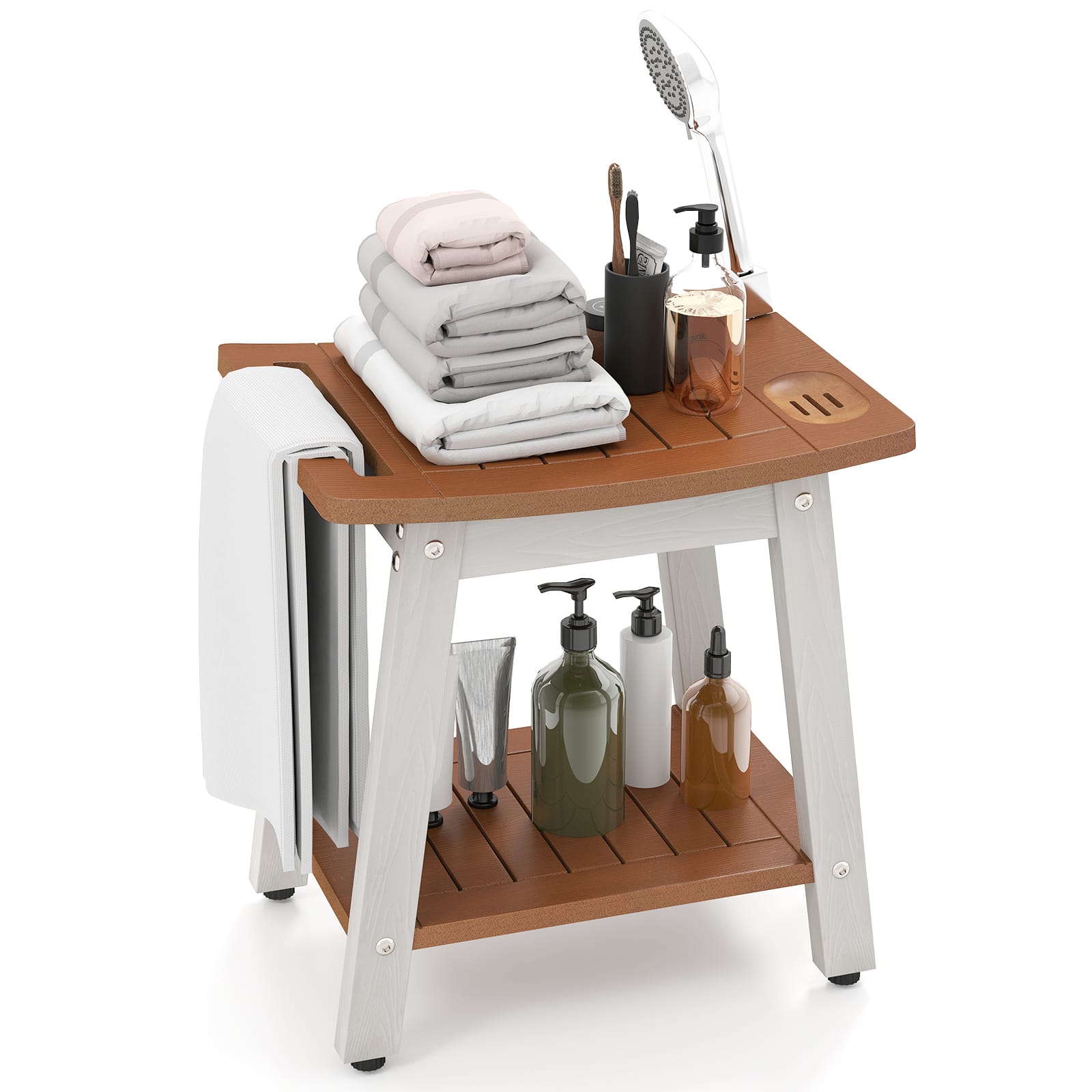 Gymax - Shower Bench Seat HIPS Shower Stool w/Handle Shower Head & Soap Holder Brown & White - Brown, White