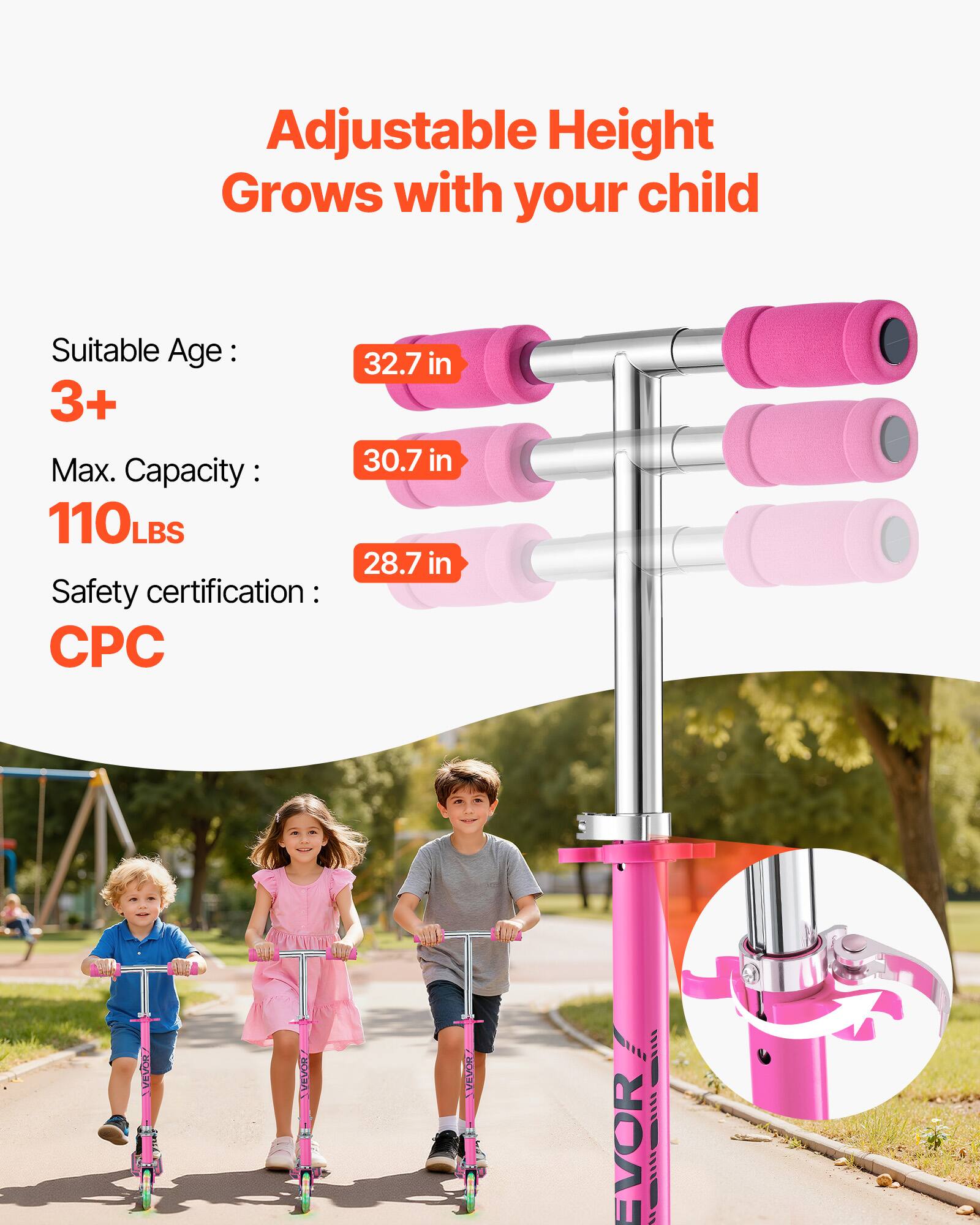 Adjustable Height Grows with your child

Suitable Age: 3+  
Max. Capacity: 110 LBS  
Safety certification: CPC