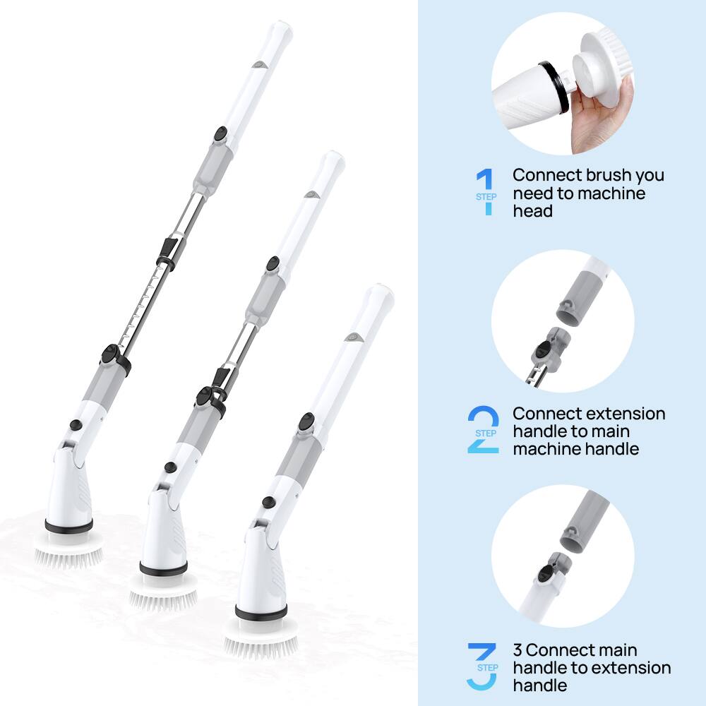 1. Connect brush you need to machine head
2. Connect extension handle to main machine handle
3. Connect main handle to extension handle