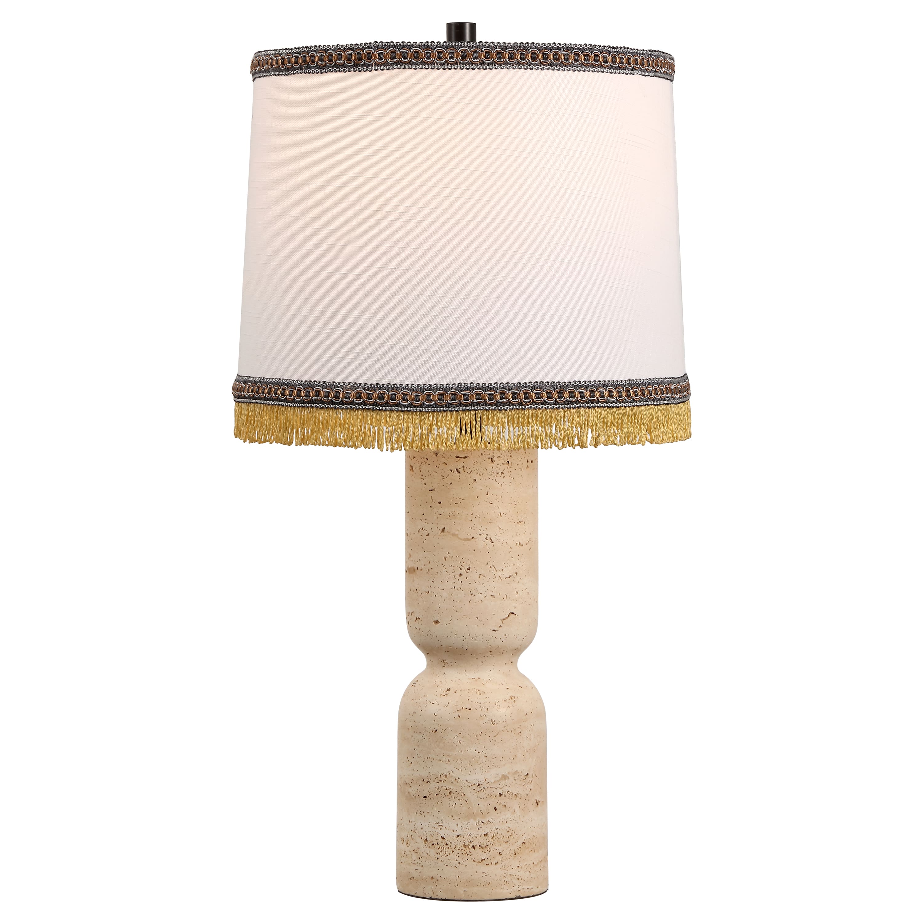 Jonathan Y - Lacy 25.3 in. Organic Modern Sculptural Hourglass Travertine Stone with Fringed Drum Shade LED Table Lamp, Natural Beige - Natural Beige Marble