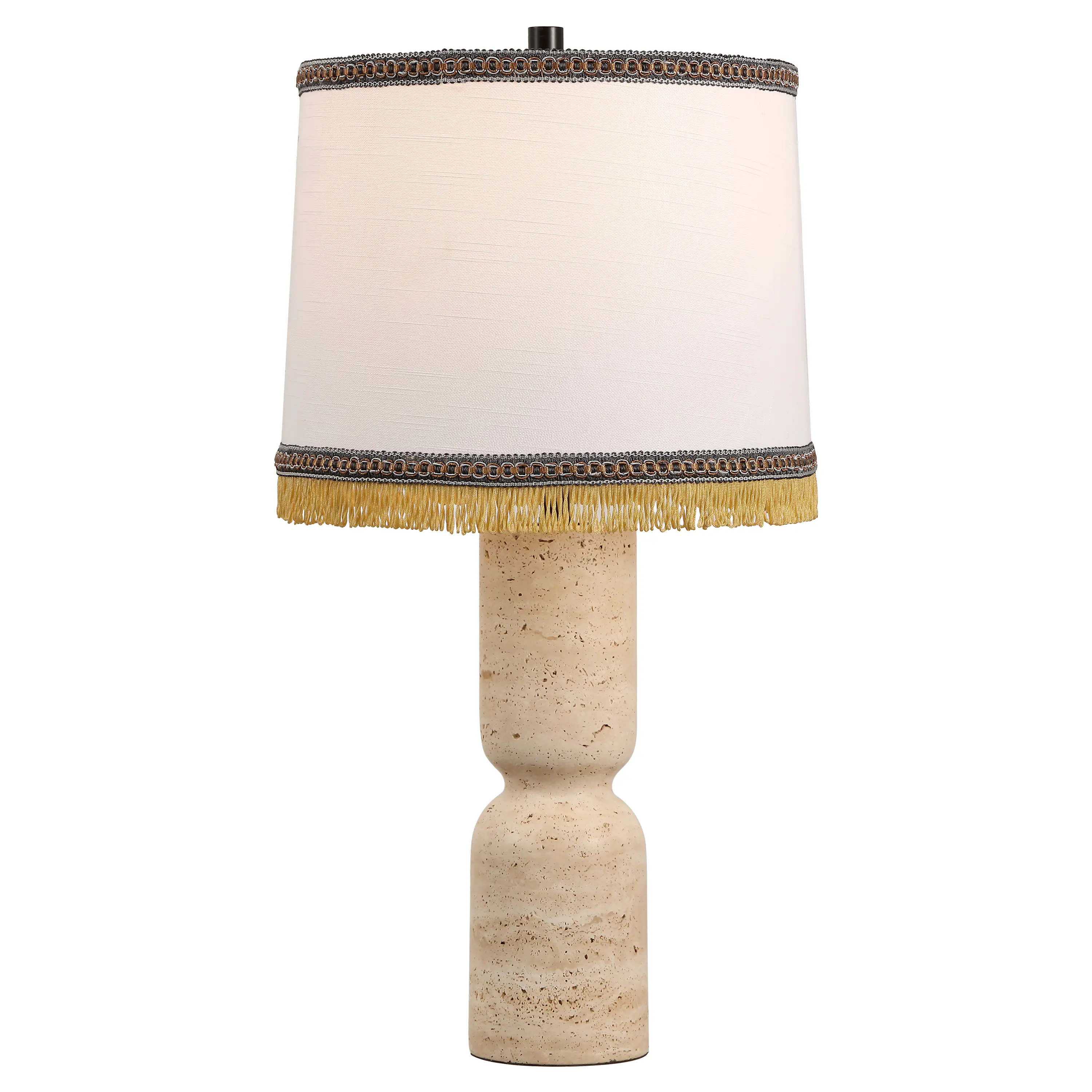 Front. Jonathan Y - Lacy 25.3 in. Organic Modern Sculptural Hourglass Travertine Stone with Fringed Drum Shade LED Table Lamp, Natural Beige - Natural Beige Marble.