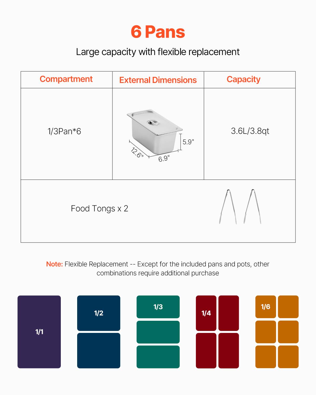 6 Pans  
Large capacity with flexible replacement  

Compartment | External Dimensions | Capacity  
--- | --- | ---  
1/3Pan*6 | 12.6" x 6.9" x 5.9" | 3.6L/3.8qt  

Food Tongs x 2  

Note: Flexible Replacement -- Except for the included pans and pots, other combinations require additional purchase  

1/1 | 1/2 | 1/3 | 1/4 | 1/6