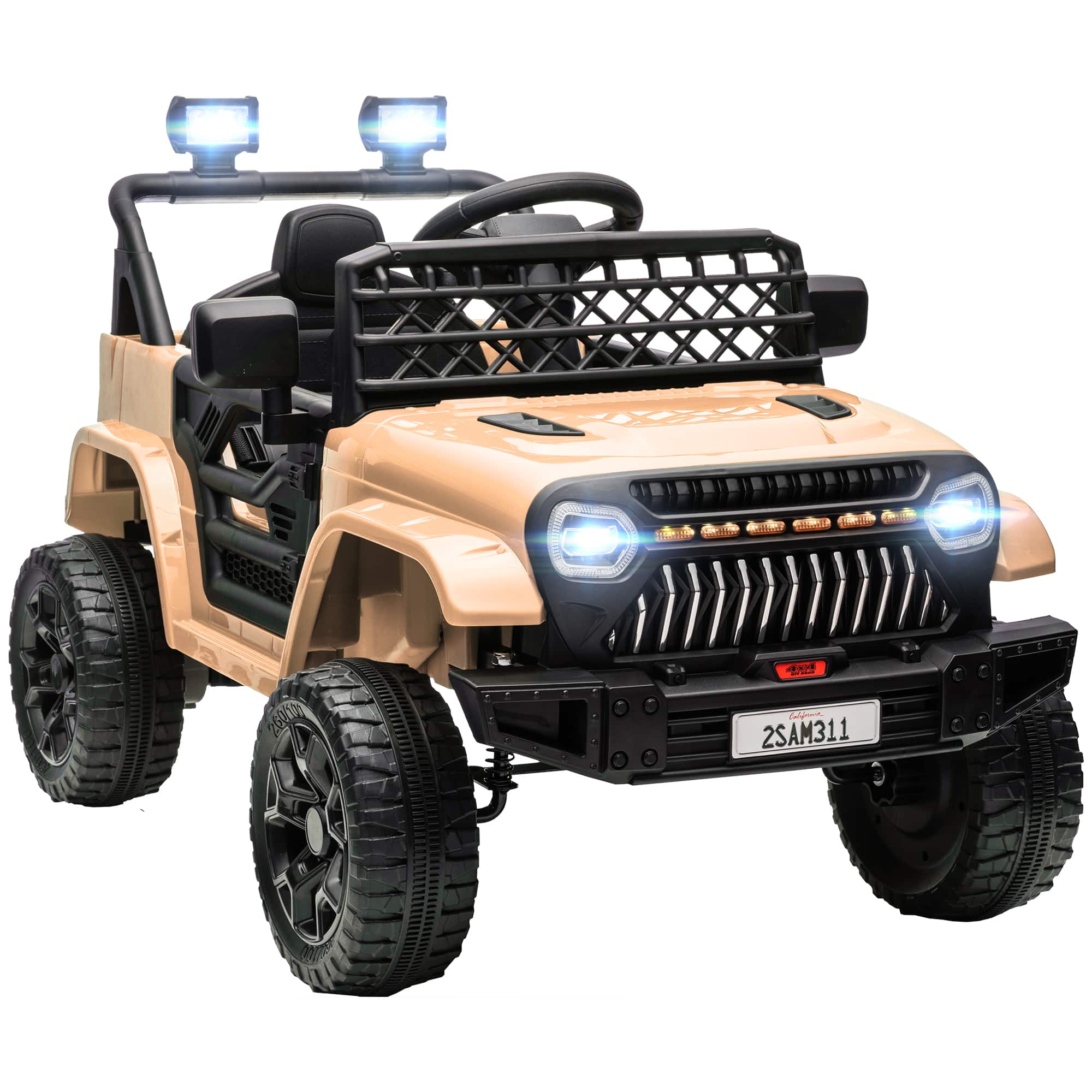 Ecooso - 12V Kids Electric Ride-On Truck with Remote, 3 Speeds, Suspension Wheels, LED Lights, and Music - khaki
