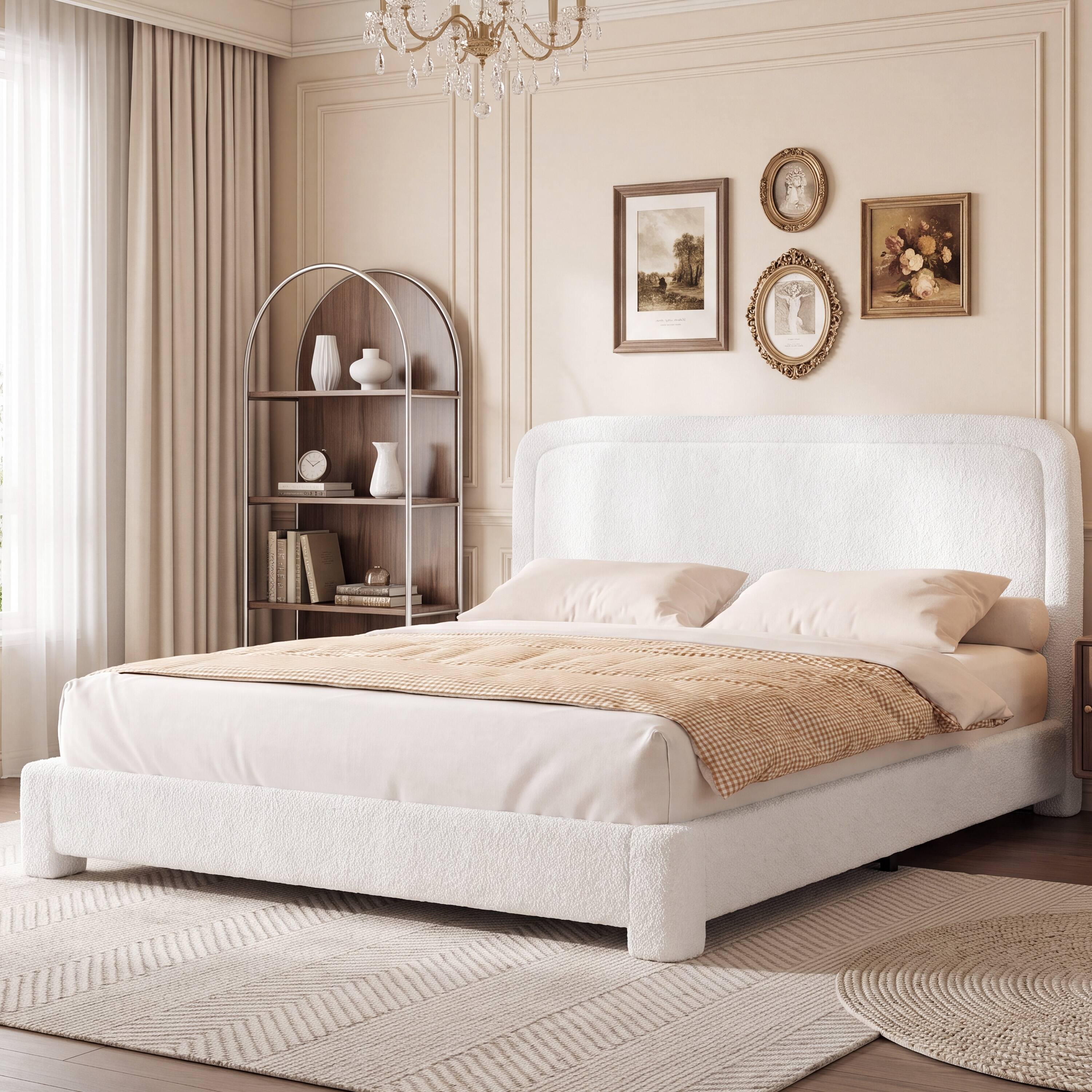 Left. Vipbear - F/Q/K Upholstered Bed Frame with Adjustable Headboard, Curved Sherpa Platform Bed Frame, No Box Spring Required - White.