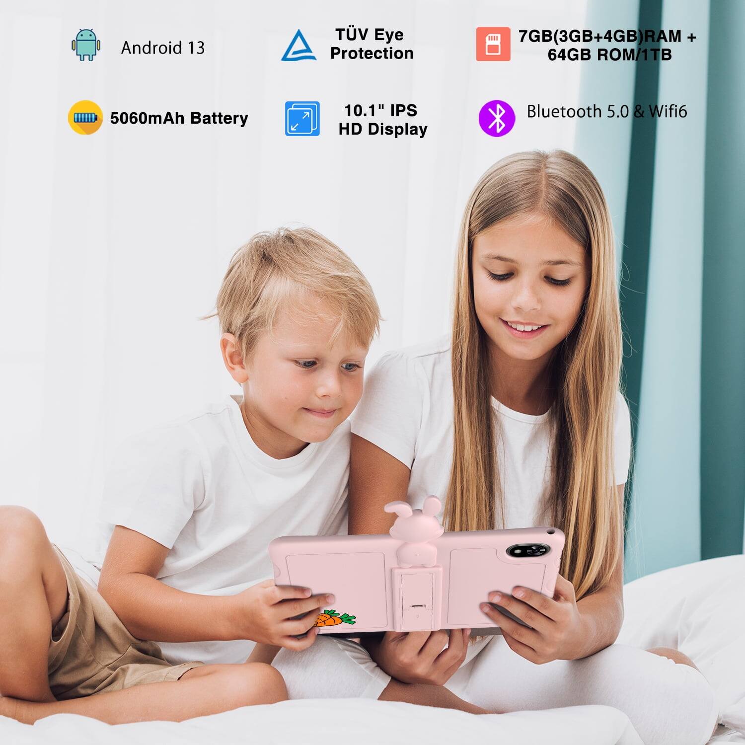 Android 13, TV Eye Protection, 7GB(3GB+4GB)RAM + 64GB ROM/1TB, 5060mAh Battery, 10.1" IPS HD Display, Bluetooth 5.0 & Wifi6