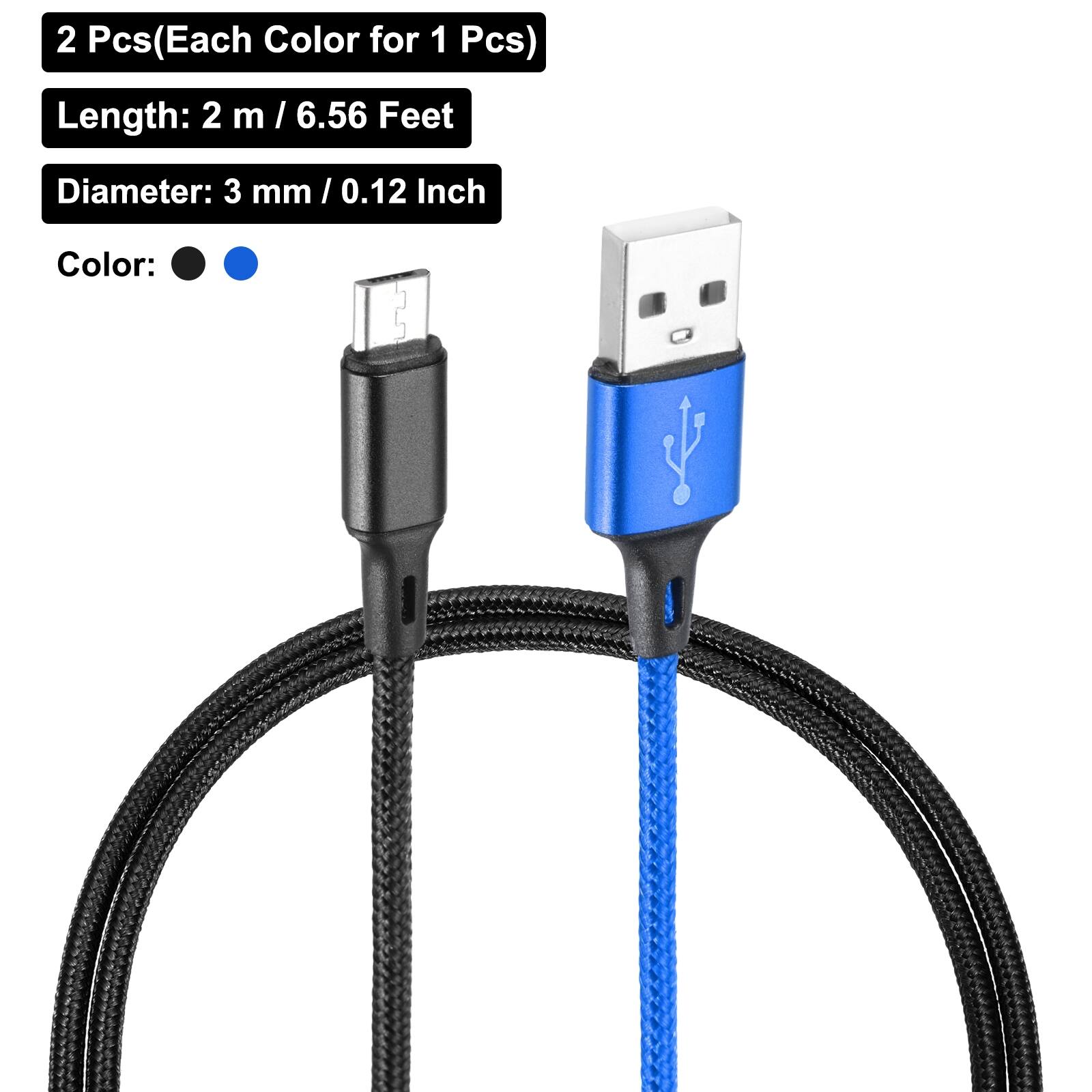 2 Pcs (Each Color for 1 Pcs)  
Length: 2 m / 6.56 Feet  
Diameter: 3 mm / 0.12 Inch  
Color: