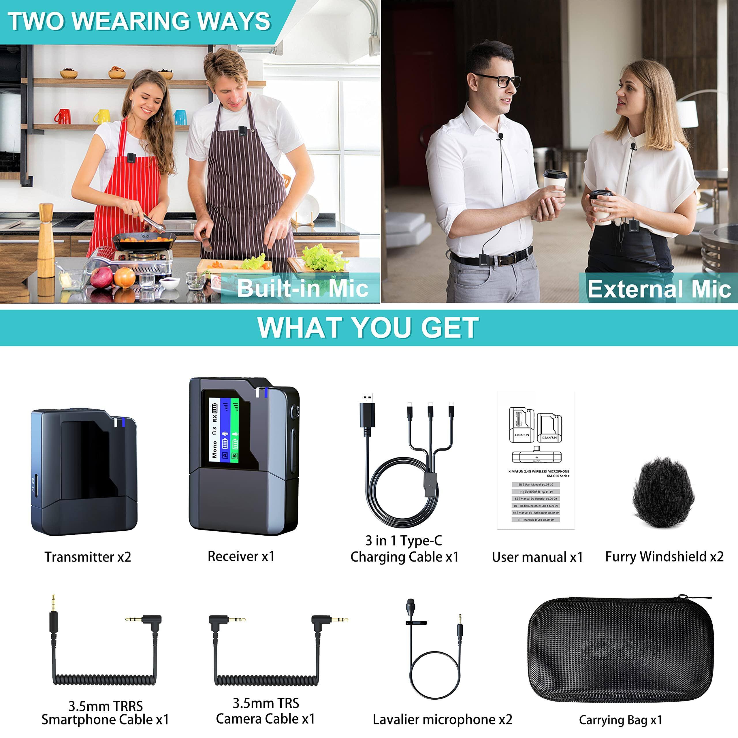 **TWO WEARING WAYS**

- Built-in Mic
- External Mic

**WHAT YOU GET**

- Transmitter x2
- Receiver x1
- 3 in 1 Type-C Charging Cable x1
- User manual x1
- Furry Windshield x2
- 3.5mm TRRS Smartphone Cable x1
- 3.5mm TRS Camera Cable x1
- Lavalier microphone x2
- Carrying Bag x1