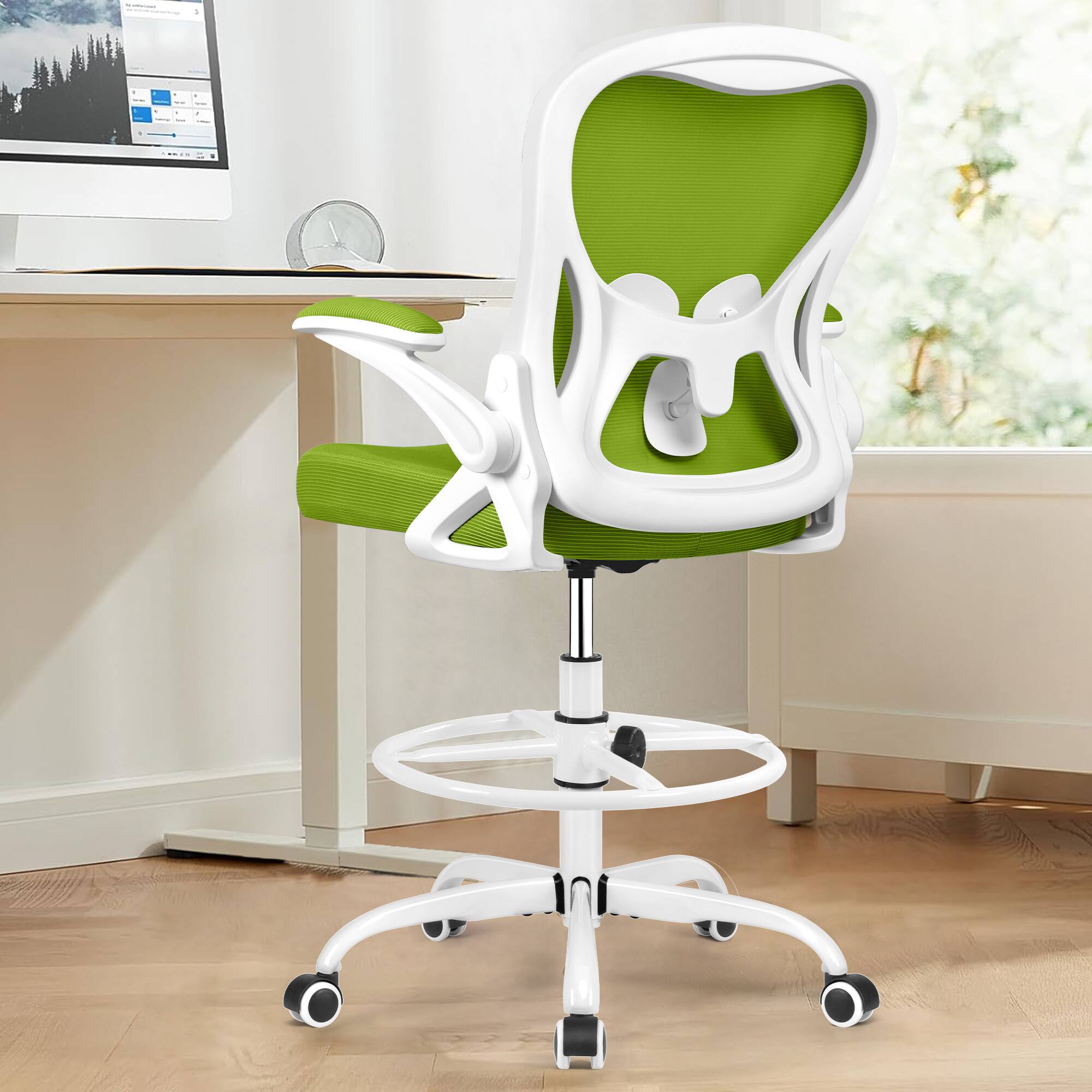 Alt View 6. Brick Attic - Drafting Chair, Tall Office Chair Ergonomic Desk Chair, Task Rolling Chair with Adjustable Flip-up Armrests Foot Ring - Green.
